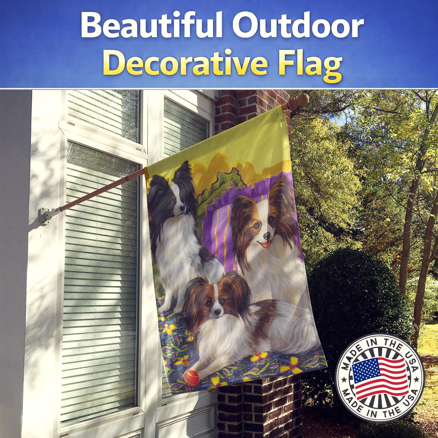 Papillon Party Pals House Flag 28x40 Porch Sleeve Pole Decorative Outside Yard Banner Artwork Wall Hanging, Polyester