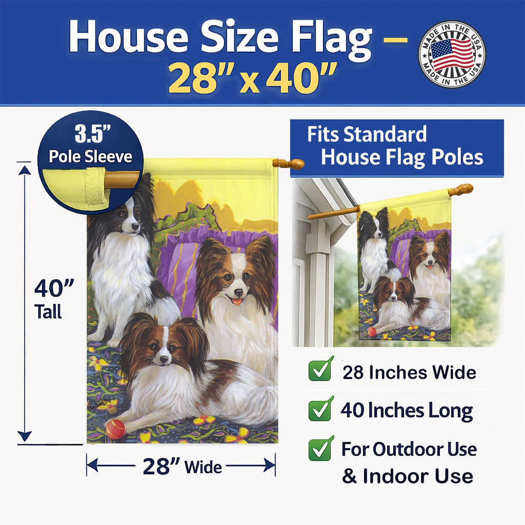 Papillon Party Pals House Flag 28x40 Porch Sleeve Pole Decorative Outside Yard Banner Artwork Wall Hanging, Polyester
