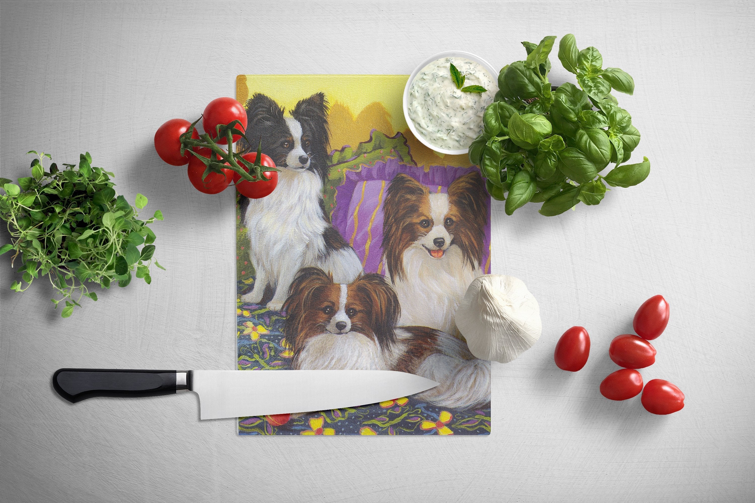 Papillon Party Pals Cutting Board Tempered Glass Kitchen Cutting Surface, Heat Resistant Chopping, Non-Slip Feet, Food Prep & Serving