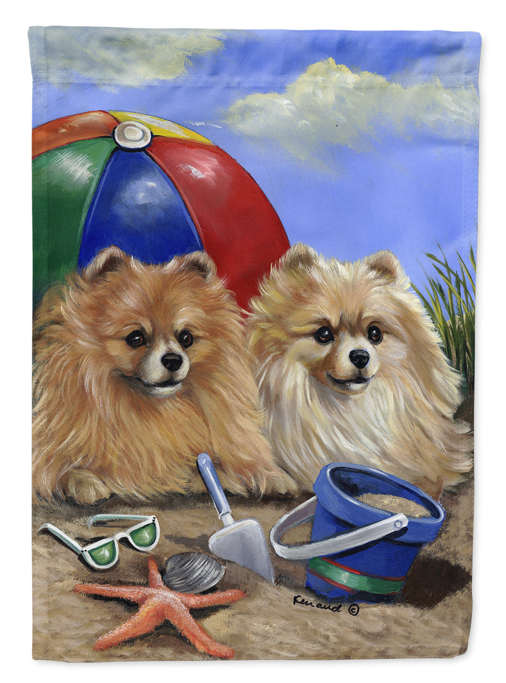 Pomeranian Beach House Flag 28x40 Porch Sleeve Pole Decorative Outside Yard Banner Artwork Wall Hanging, Polyester