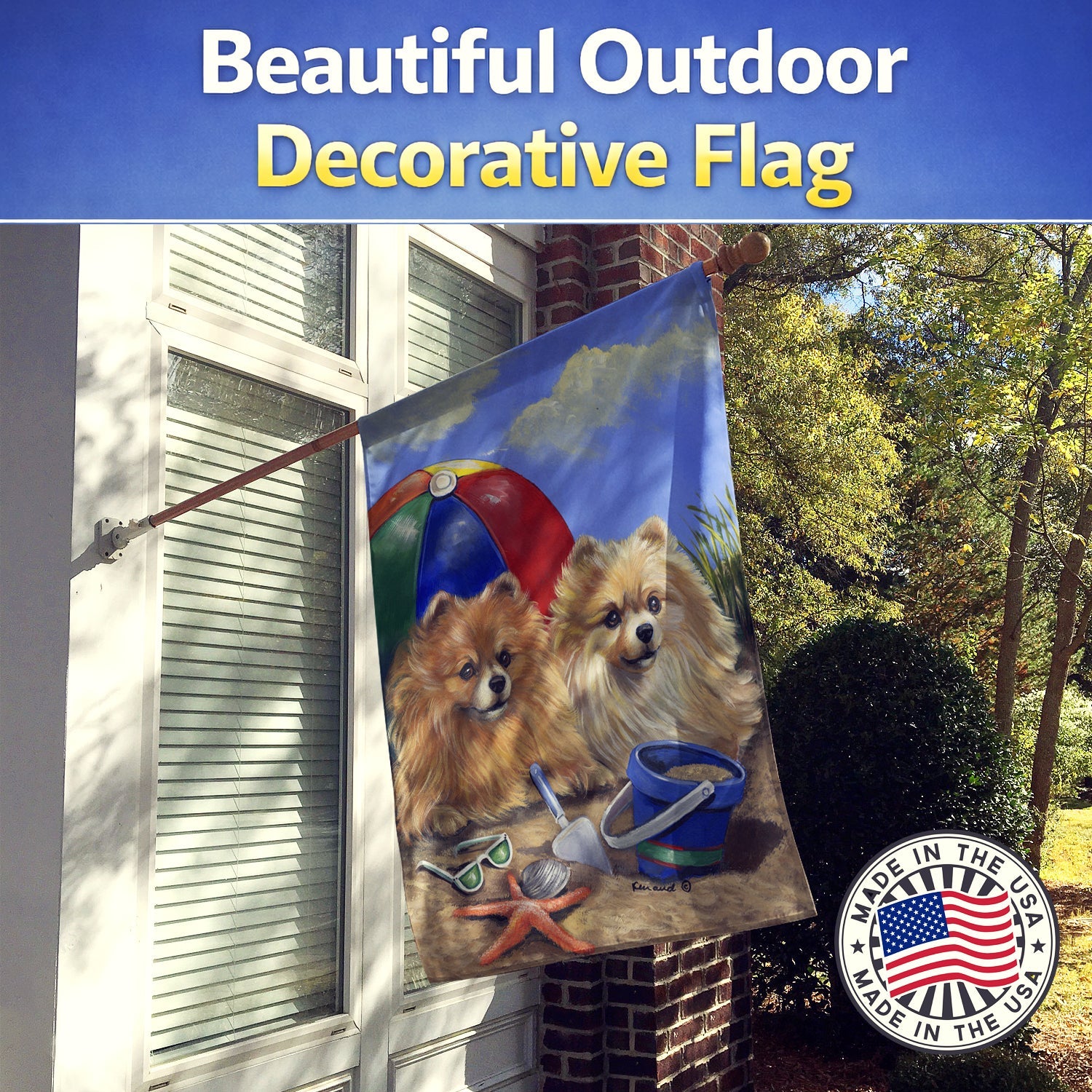 Pomeranian Beach House Flag 28x40 Porch Sleeve Pole Decorative Outside Yard Banner Artwork Wall Hanging, Polyester