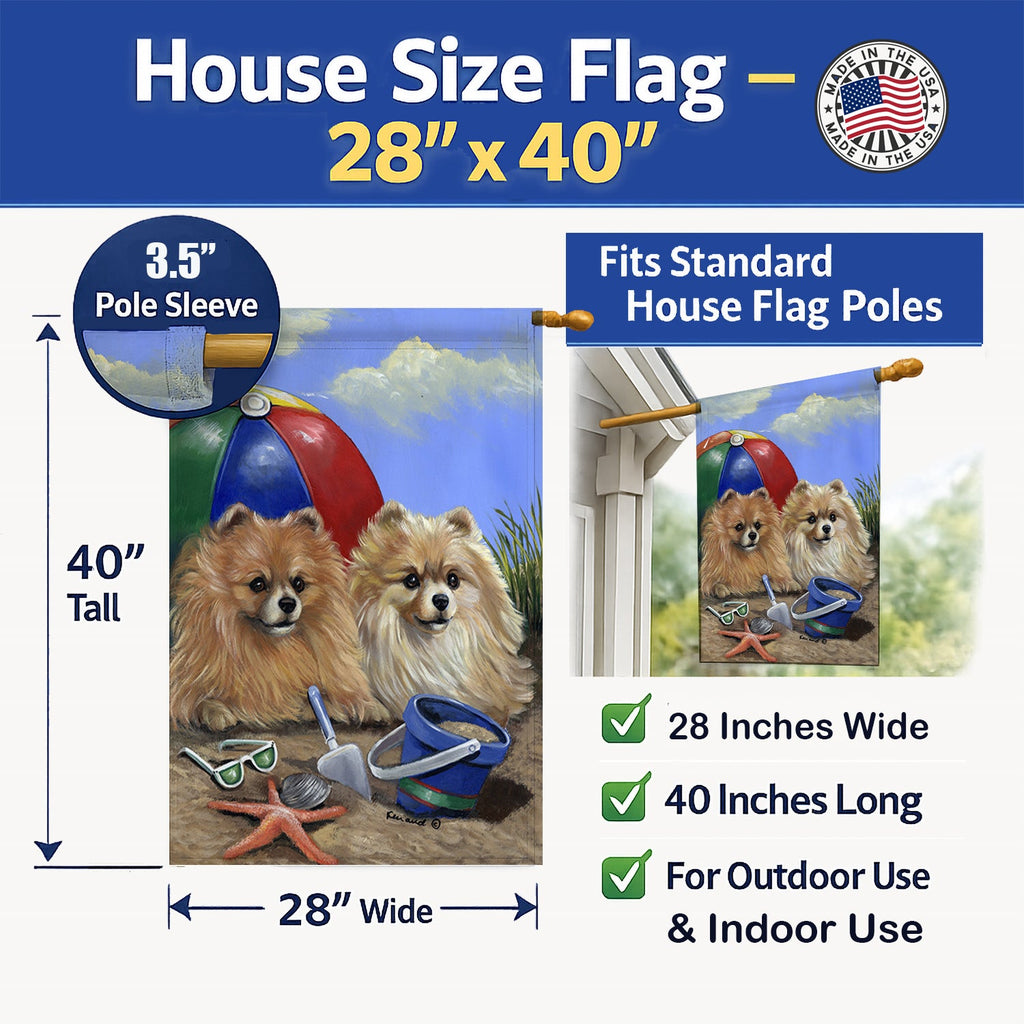 Pomeranian Beach House Flag 28x40 Porch Sleeve Pole Decorative Outside Yard Banner Artwork Wall Hanging, Polyester