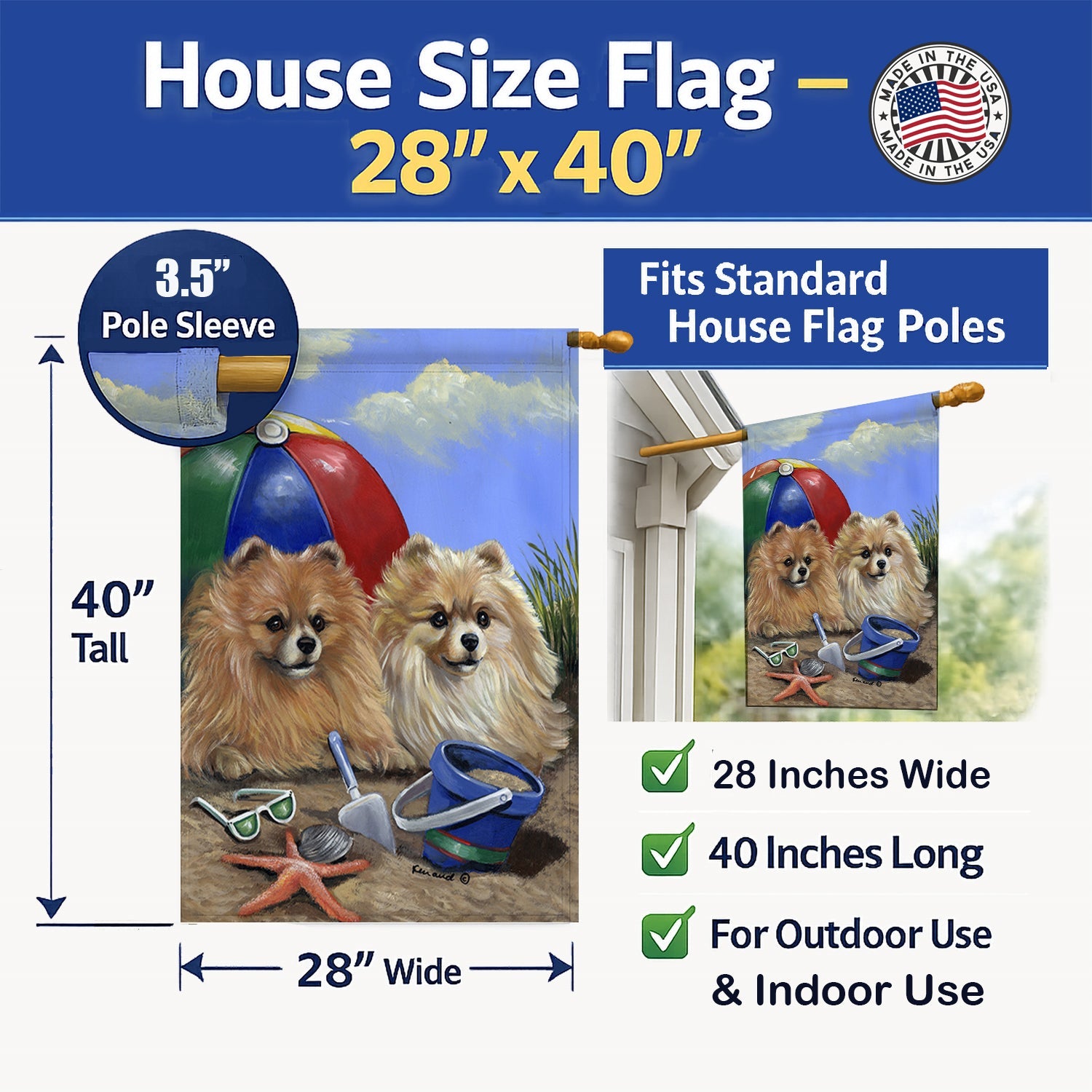 Pomeranian Beach House Flag 28x40 Porch Sleeve Pole Decorative Outside Yard Banner Artwork Wall Hanging, Polyester