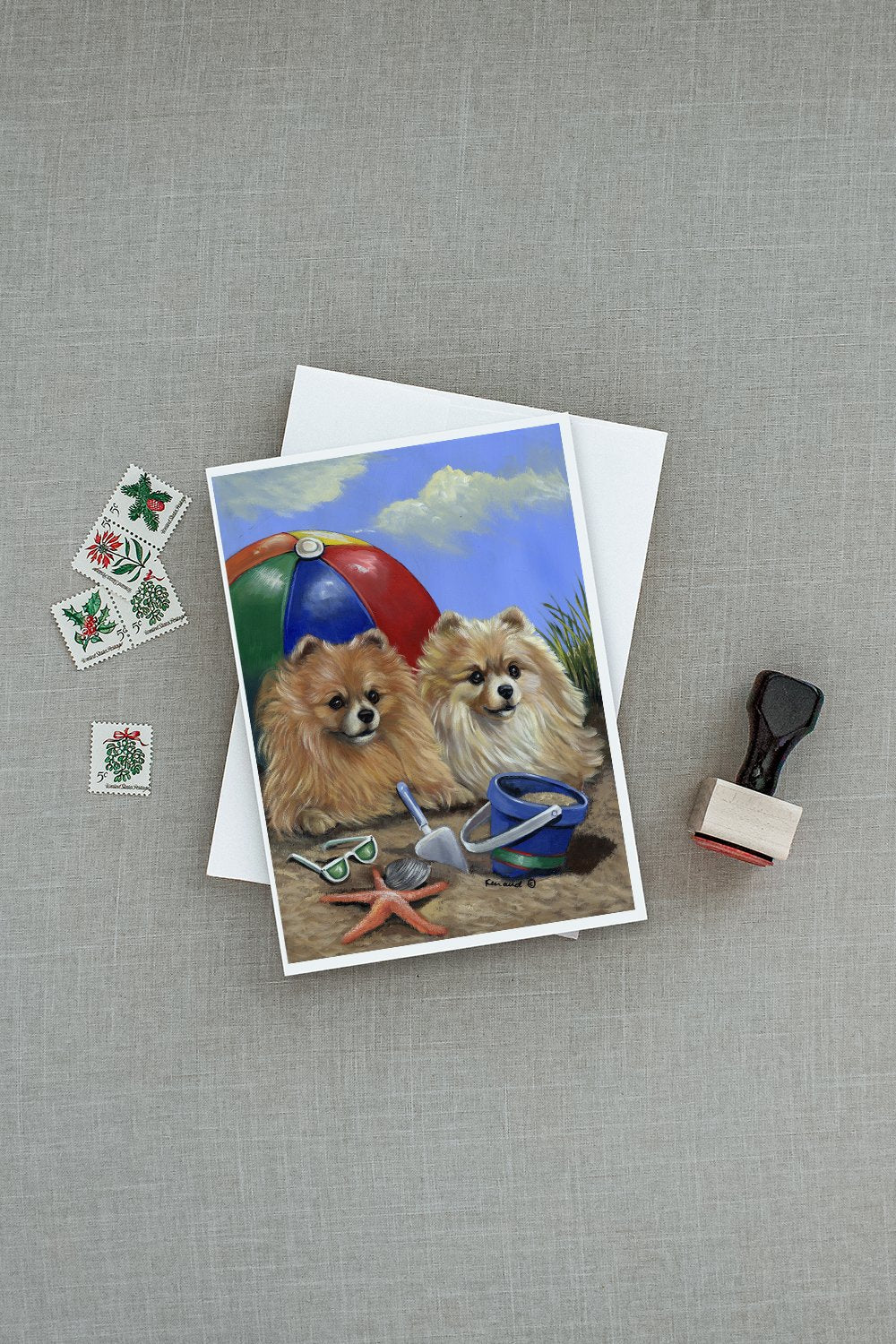Pomeranian Beach Greeting Cards Pack of 8 Blank Cards with Envelopes Whimsical A7 Size 5x7