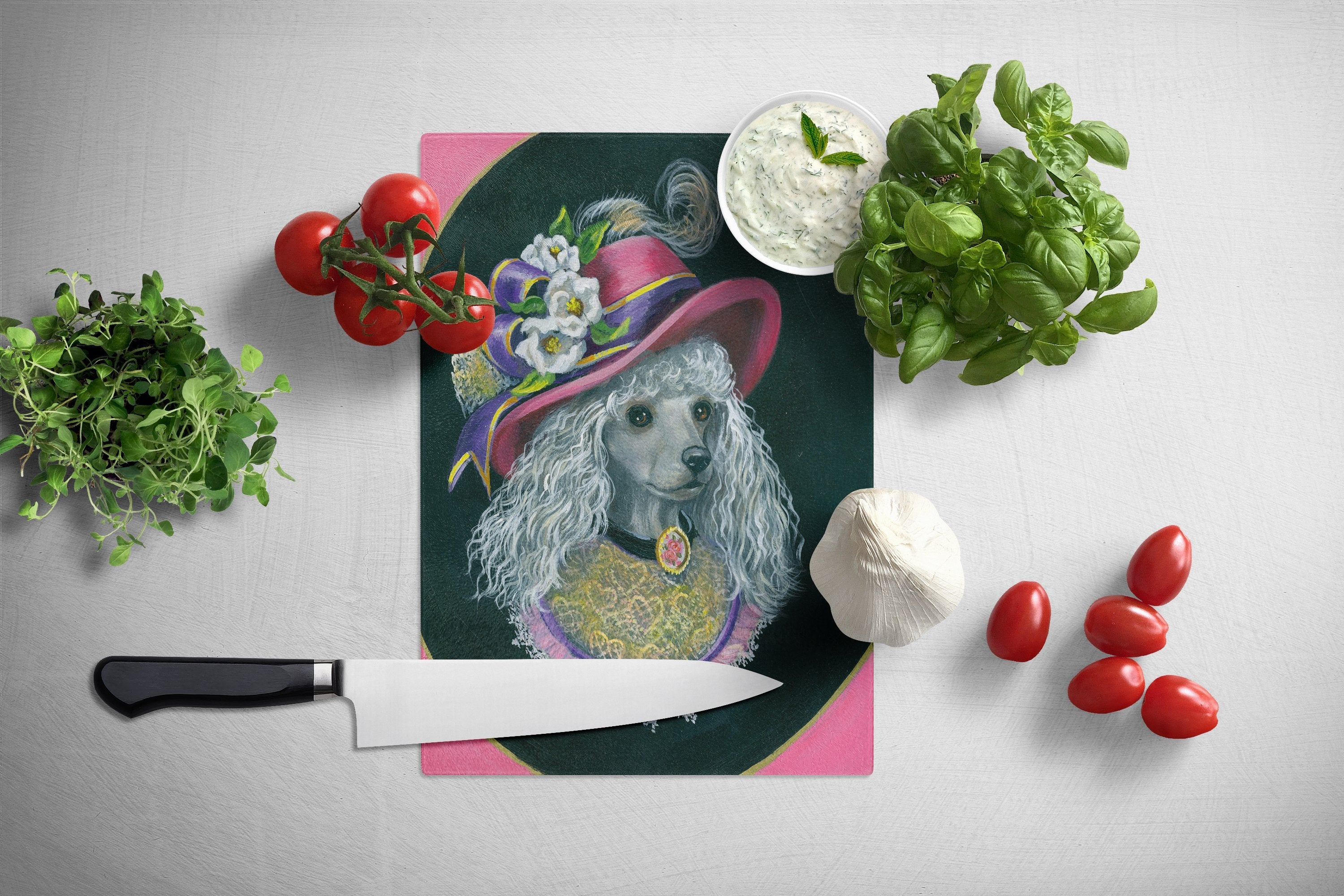 Poodle Lady Alexandria Cutting Board Tempered Glass Kitchen Cutting Surface, Heat Resistant Chopping, Non-Slip Feet, Food Prep & Serving