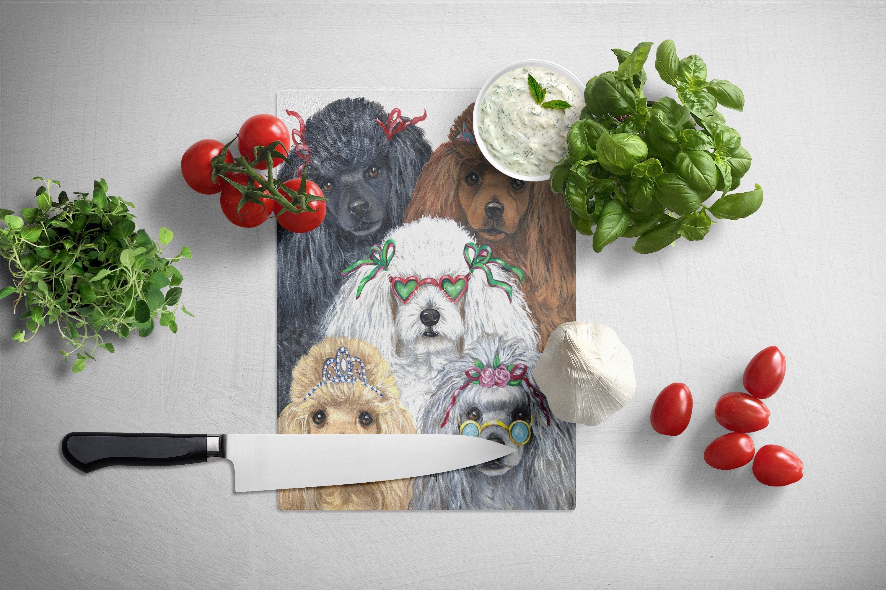 Poodle Oodles Cutting Board Tempered Glass Kitchen Cutting Surface, Heat Resistant Chopping, Non-Slip Feet, Food Prep & Serving