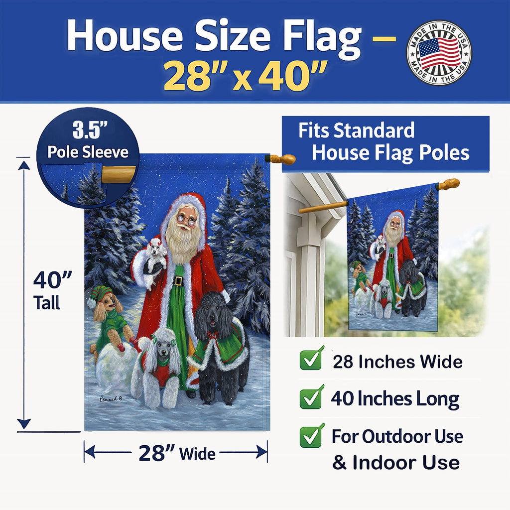 Poodle Christmas Santa House Flag 28x40 Porch Sleeve Pole Decorative Outside Yard Banner Artwork Wall Hanging, Polyester
