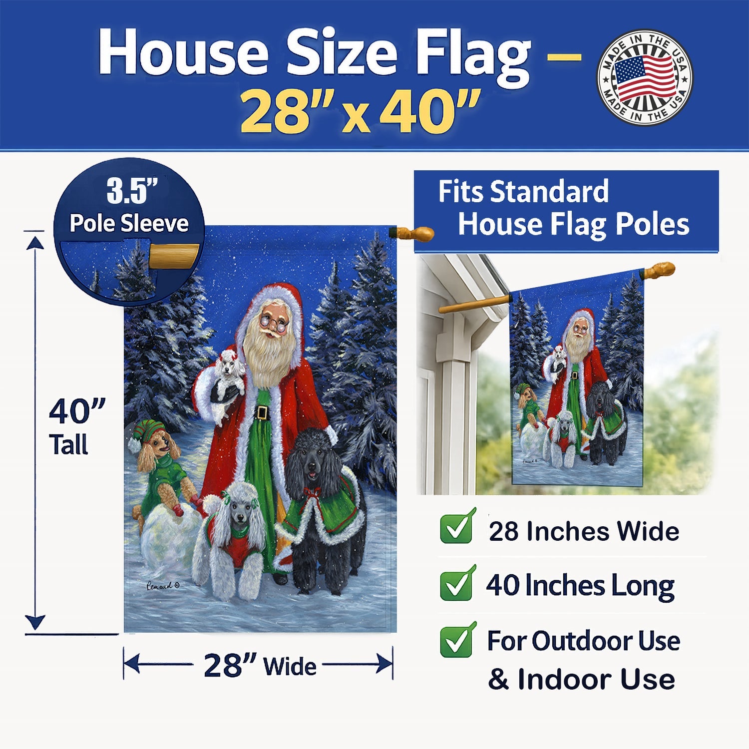 Poodle Christmas Santa House Flag 28x40 Porch Sleeve Pole Decorative Outside Yard Banner Artwork Wall Hanging, Polyester