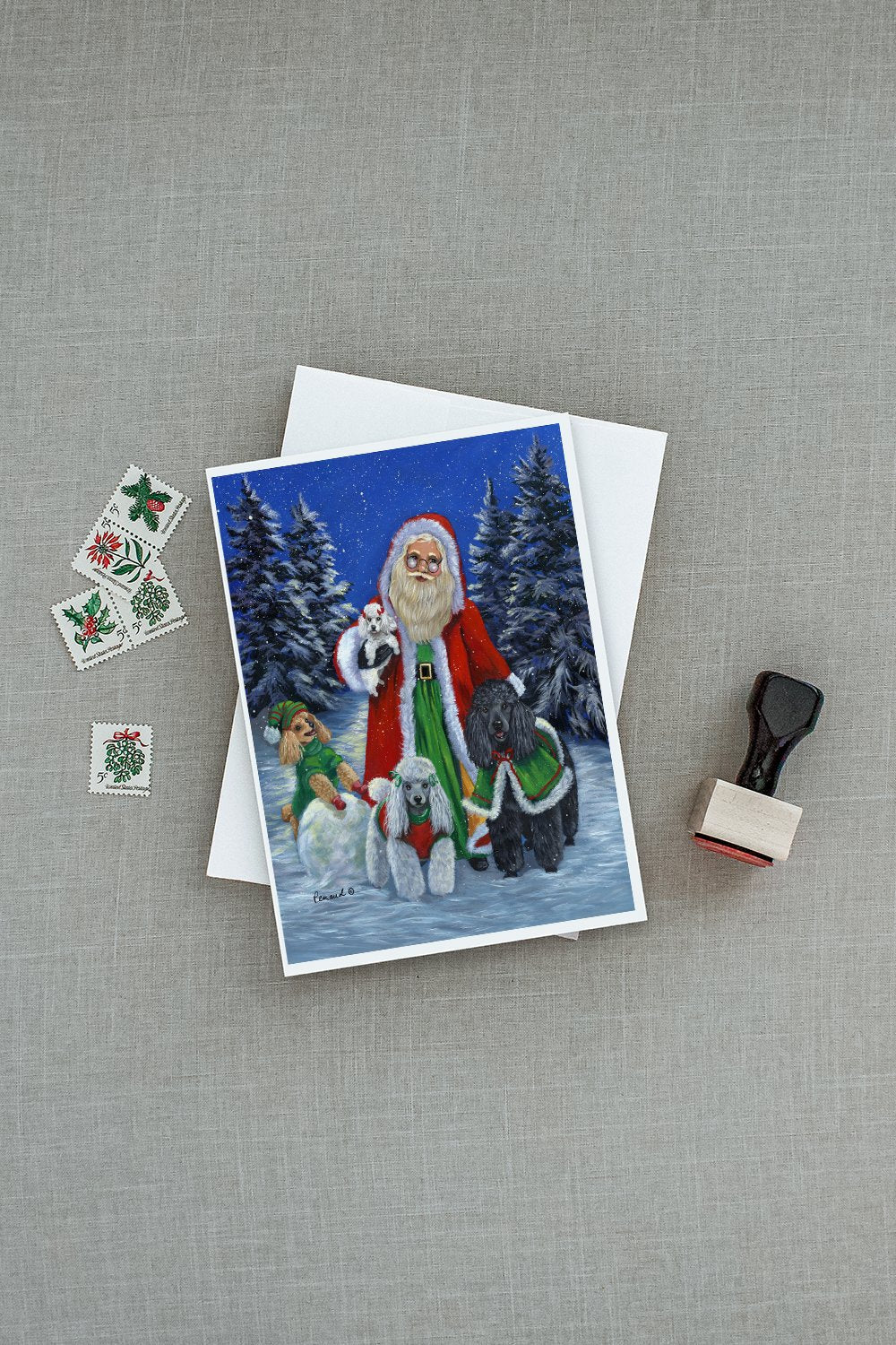 Poodle Christmas Santa Greeting Cards Pack of 8 Blank Cards with Envelopes Whimsical A7 Size 5x7