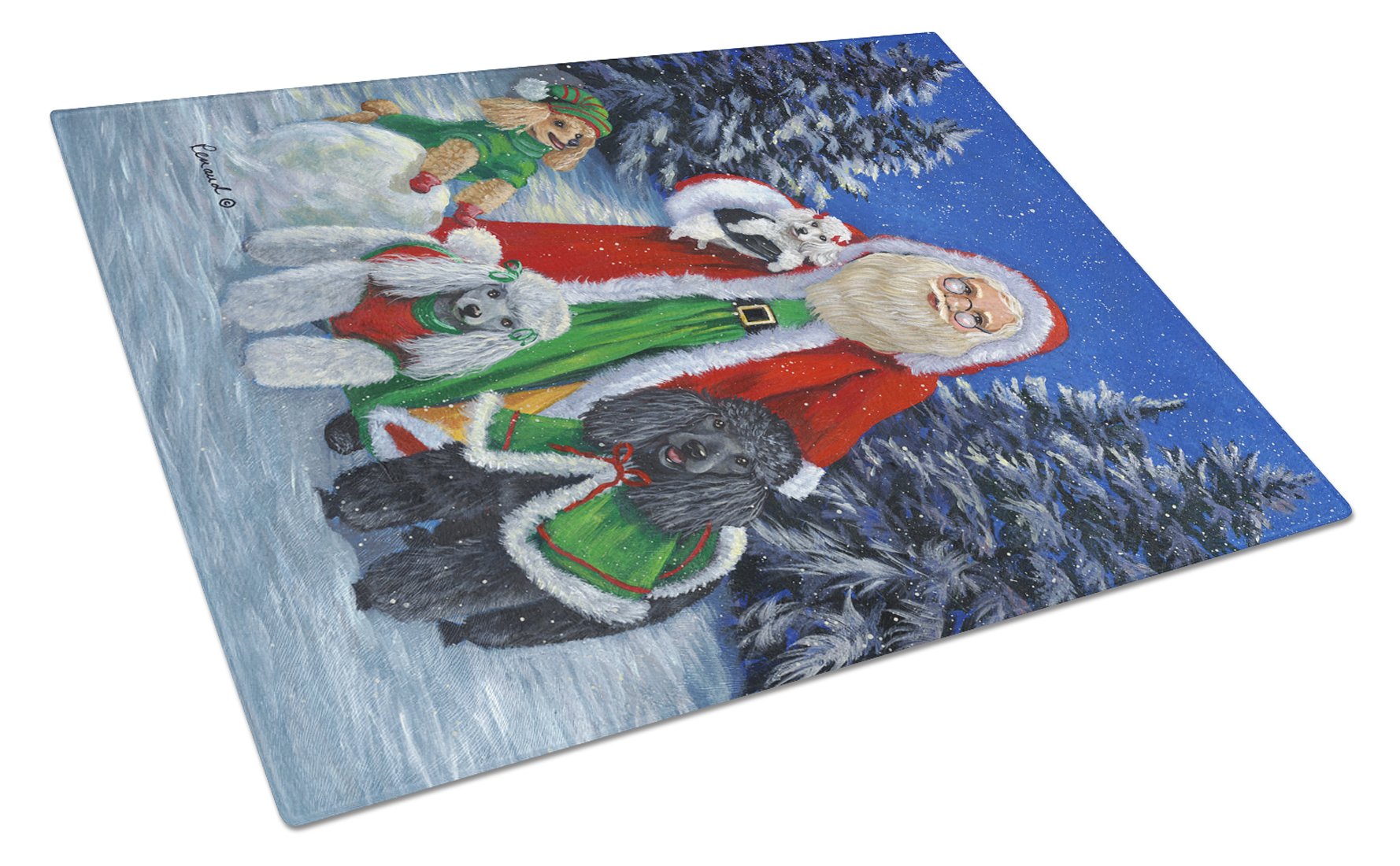 Poodle Christmas Santa Cutting Board Tempered Glass Kitchen Cutting Surface, Heat Resistant Chopping, Non-Slip Feet, Food Prep & Serving