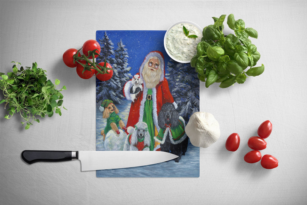 Poodle Christmas Santa Cutting Board Tempered Glass Kitchen Cutting Surface, Heat Resistant Chopping, Non-Slip Feet, Food Prep & Serving