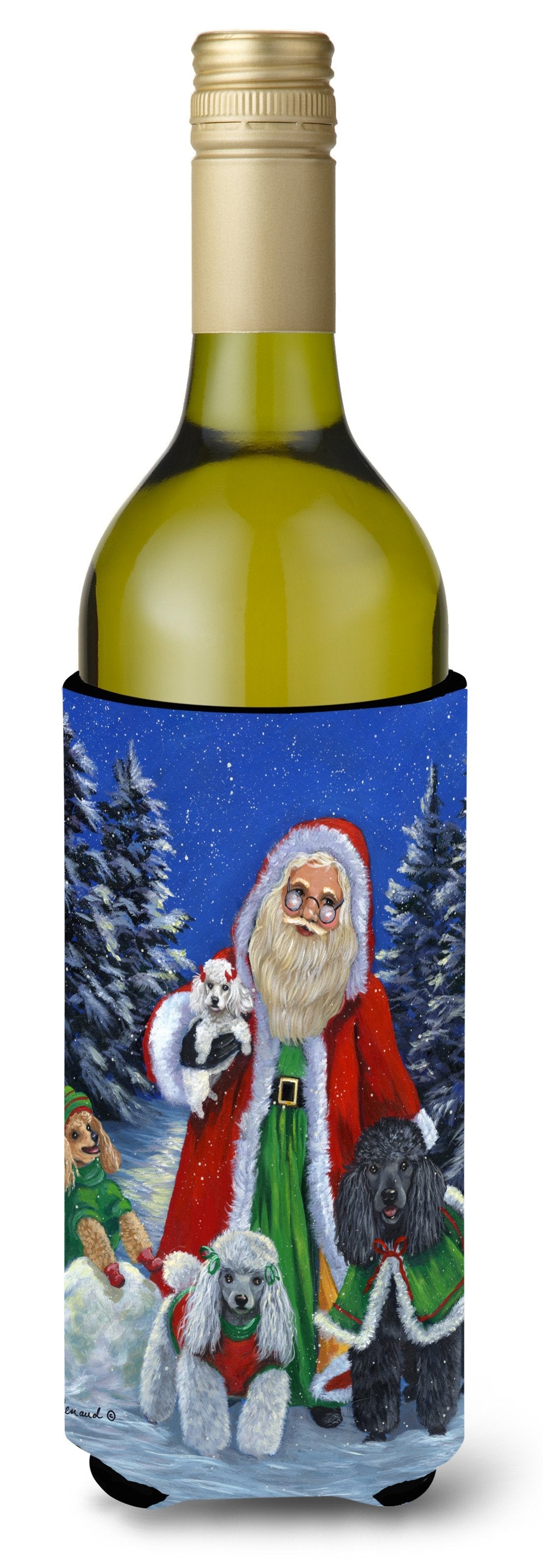 Poodle Christmas Santa Wine Bottle Hugger Gift Sleeve for Standard 750 ml Bottles, Insulated Reusable Also Fits Mini Shot & Pint Bottles
