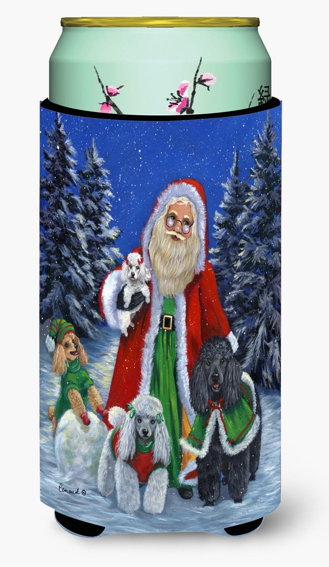 Poodle Christmas Santa Tall Boy Hugger Can Cooler Sleeve Machine Washable Drink Collapsible Insulator Beverage Insulated Holder