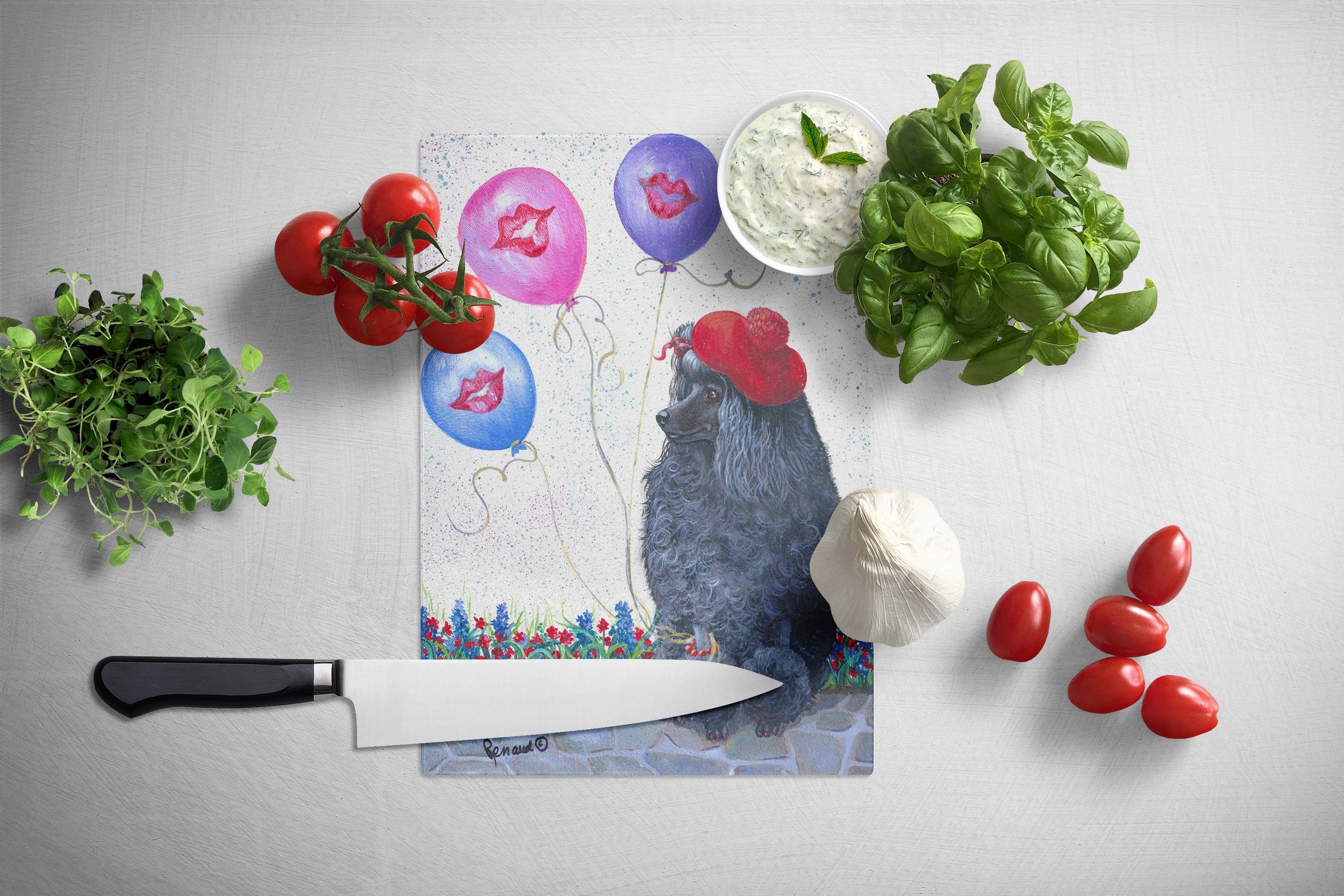 Poodle Totally Chic Cutting Board Tempered Glass Kitchen Cutting Surface, Heat Resistant Chopping, Non-Slip Feet, Food Prep & Serving