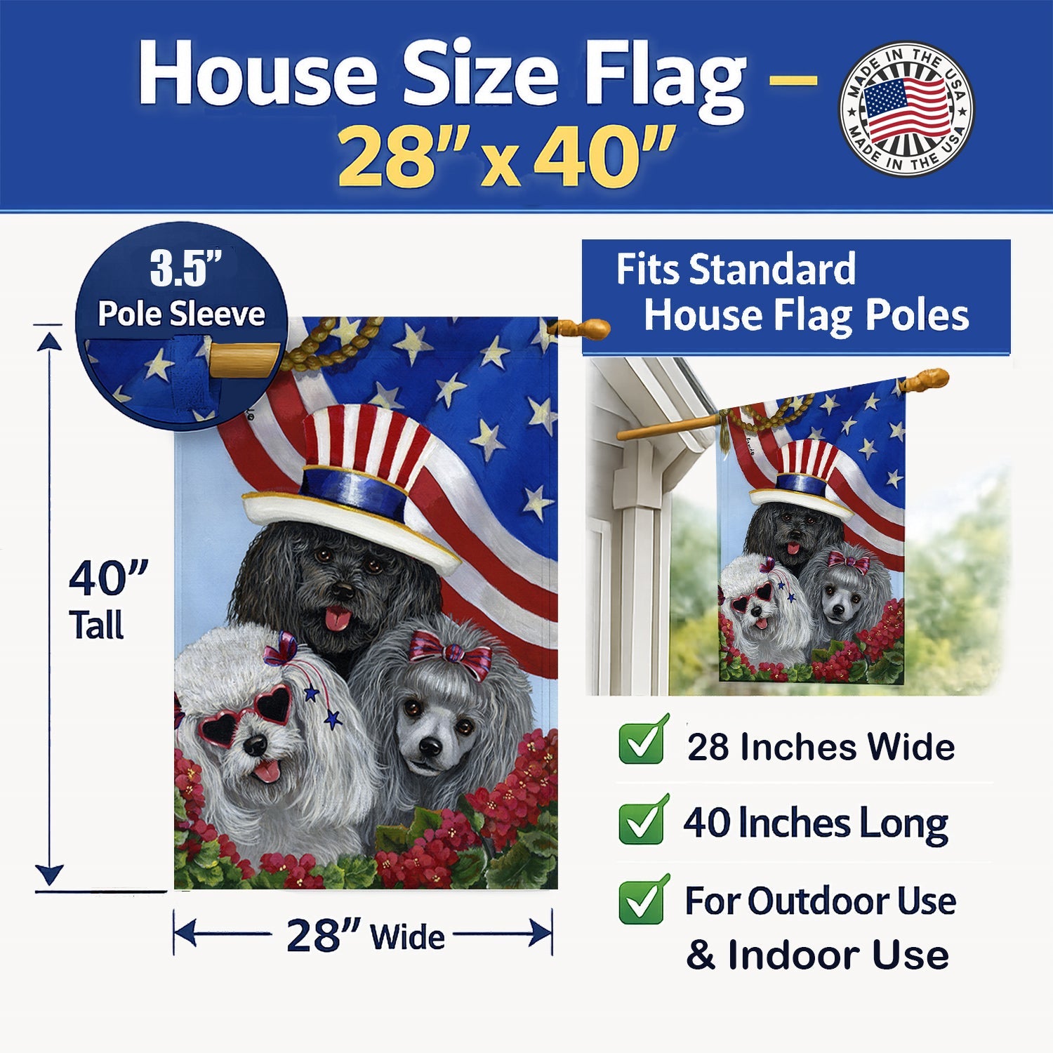 Poodle USA House Flag 28x40 Porch Sleeve Pole Decorative Outside Yard Banner Artwork Wall Hanging, Polyester
