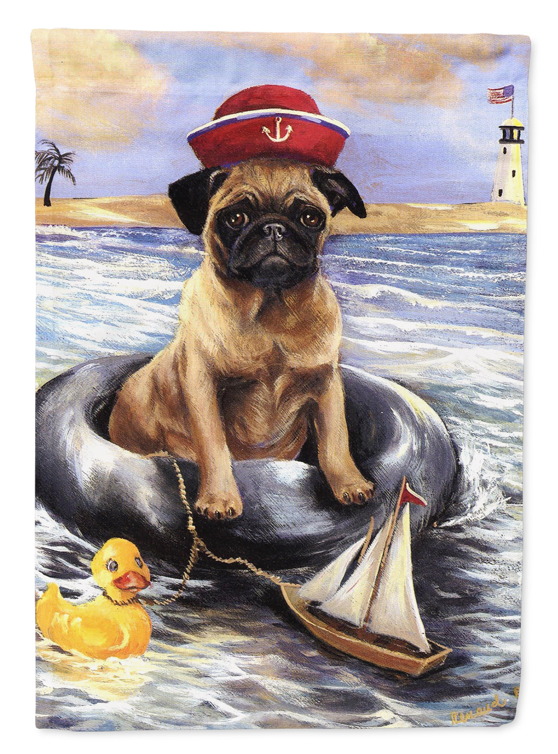 Pug Ahoy Sailor House Flag 28x40 Porch Sleeve Pole Decorative Outside Yard Banner Artwork Wall Hanging, Polyester