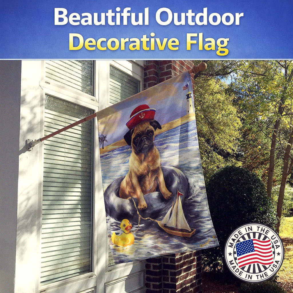 Pug Ahoy Sailor House Flag 28x40 Porch Sleeve Pole Decorative Outside Yard Banner Artwork Wall Hanging, Polyester