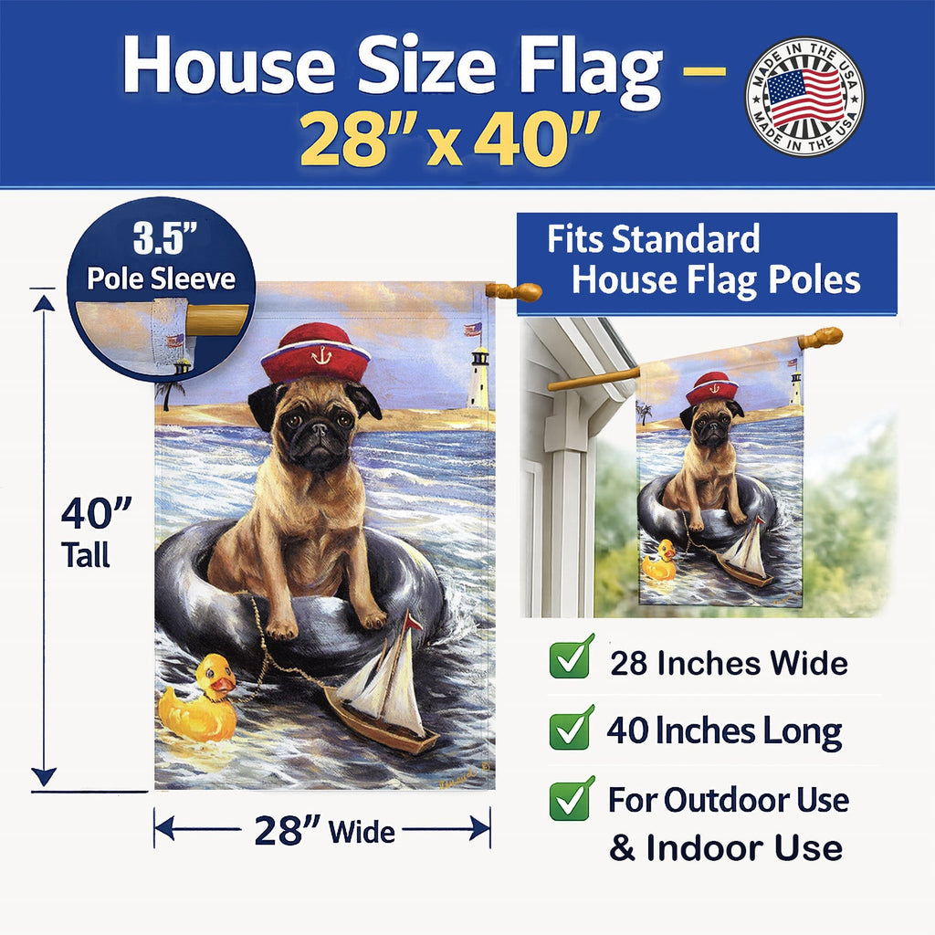 Pug Ahoy Sailor House Flag 28x40 Porch Sleeve Pole Decorative Outside Yard Banner Artwork Wall Hanging, Polyester