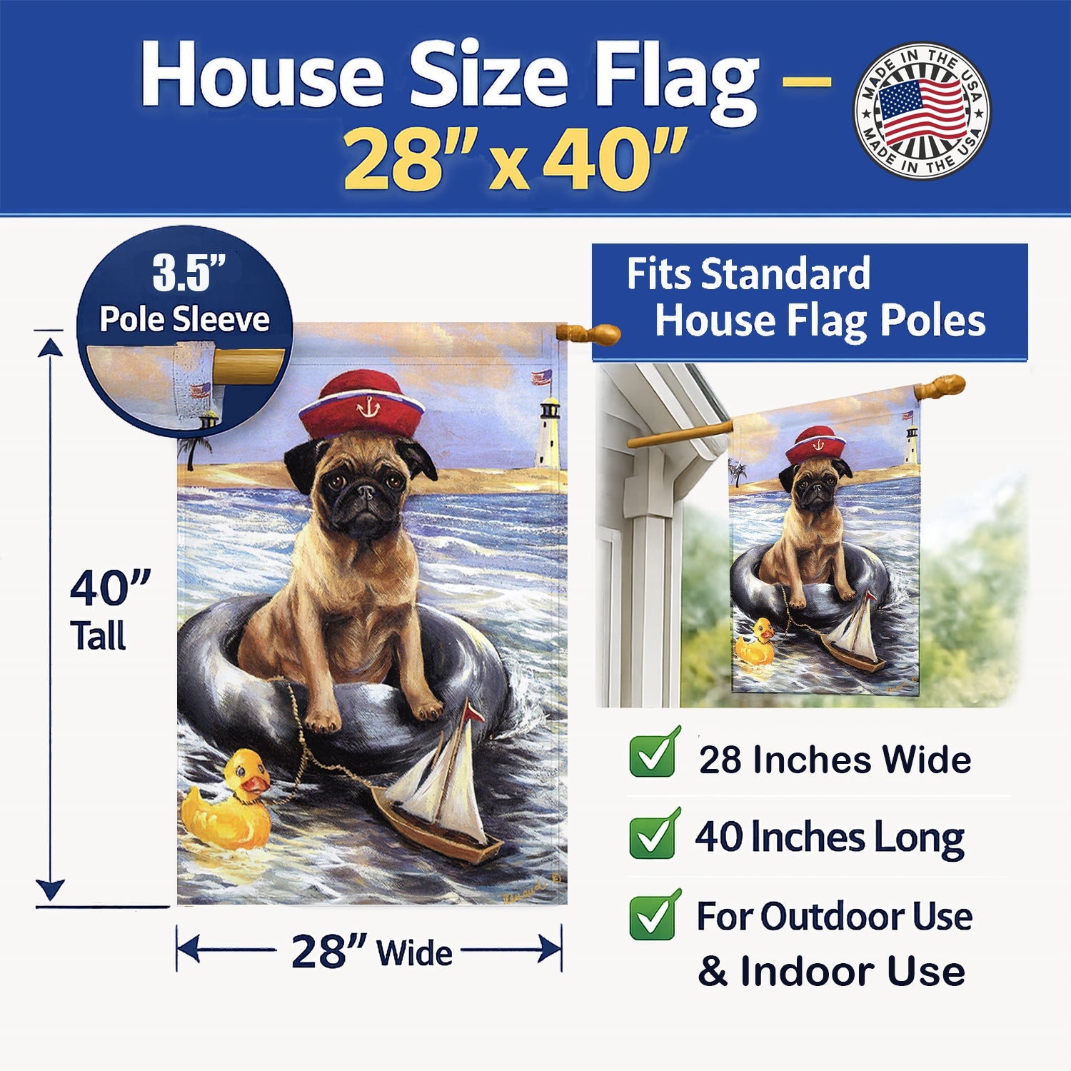 Pug Ahoy Sailor House Flag 28x40 Porch Sleeve Pole Decorative Outside Yard Banner Artwork Wall Hanging, Polyester