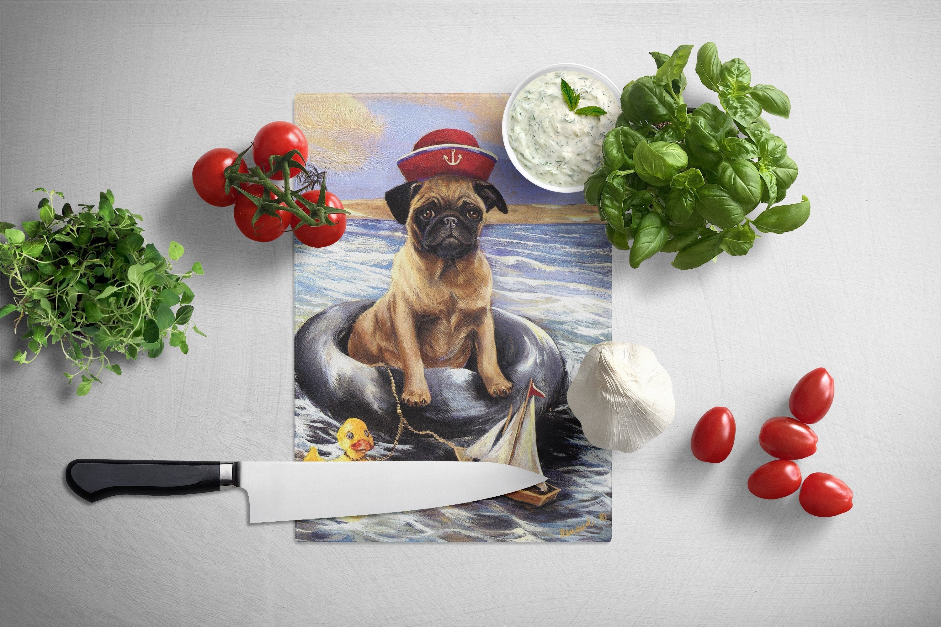 Pug Ahoy Sailor Cutting Board Tempered Glass Kitchen Cutting Surface, Heat Resistant Chopping, Non-Slip Feet, Food Prep & Serving