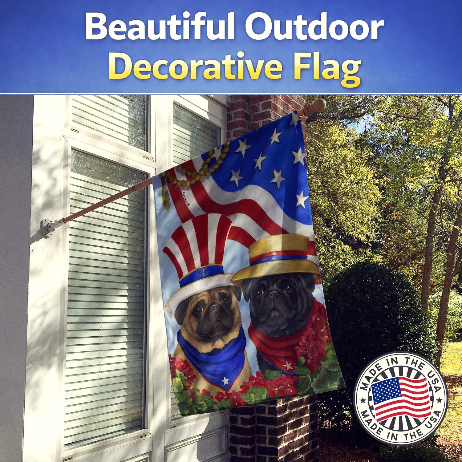 Pug USA House Flag 28x40 Porch Sleeve Pole Decorative Outside Yard Banner Artwork Wall Hanging, Polyester