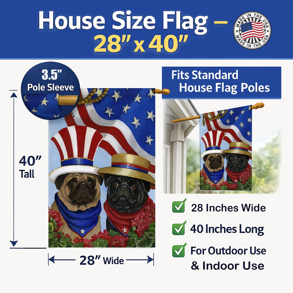 Pug USA House Flag 28x40 Porch Sleeve Pole Decorative Outside Yard Banner Artwork Wall Hanging, Polyester
