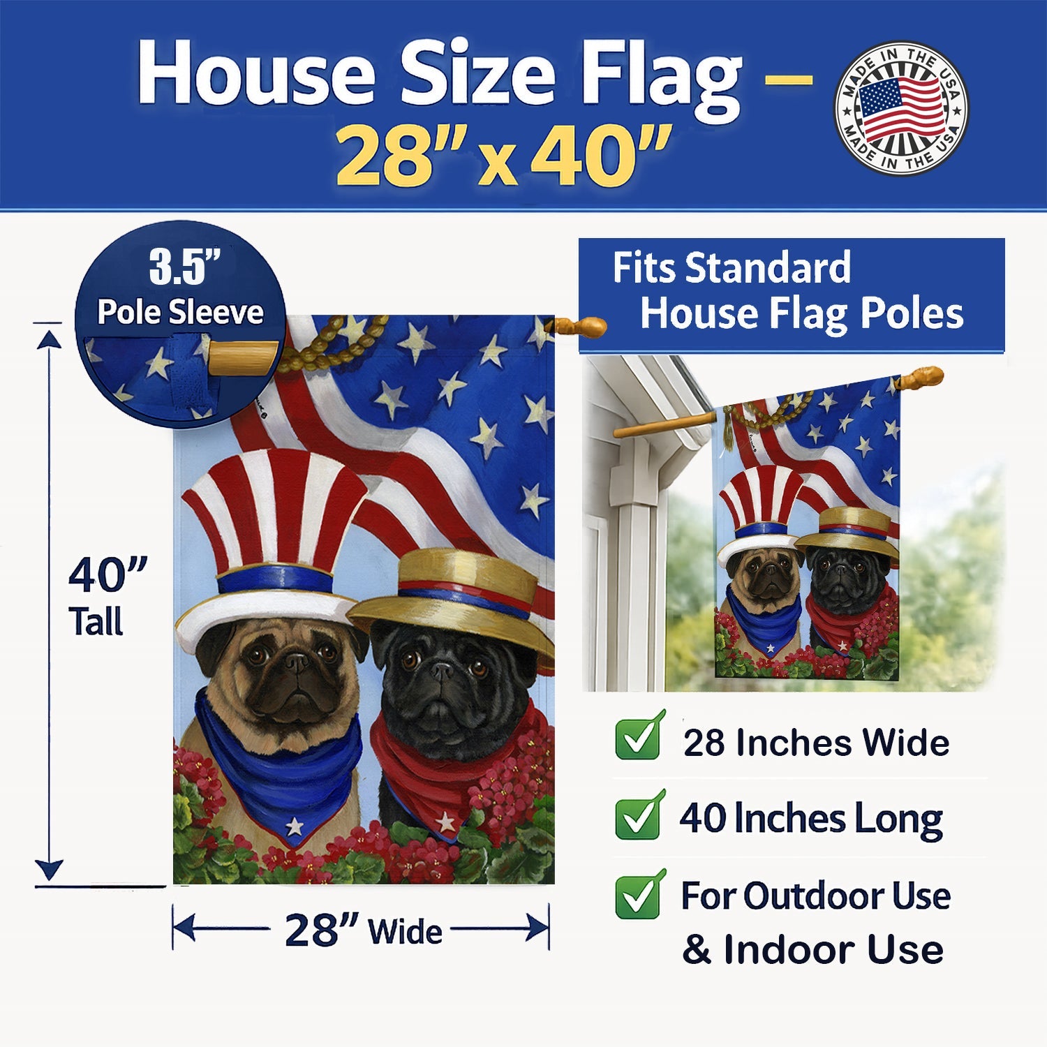 Pug USA House Flag 28x40 Porch Sleeve Pole Decorative Outside Yard Banner Artwork Wall Hanging, Polyester
