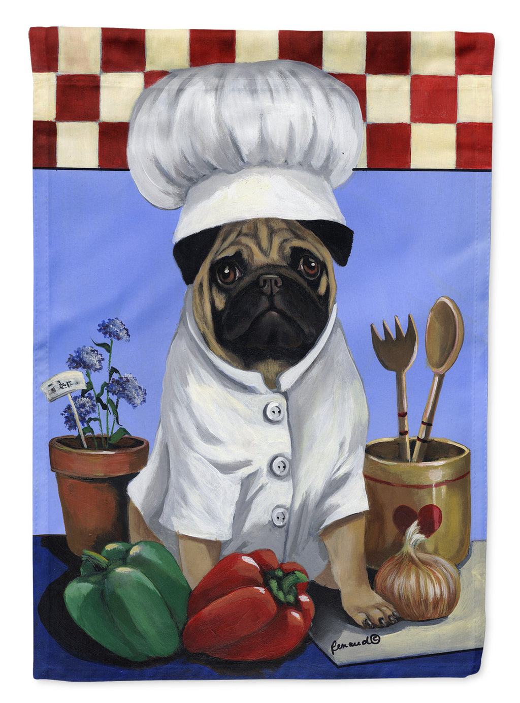 Pug Veggie Chef House Flag 28x40 Porch Sleeve Pole Decorative Outside Yard Banner Artwork Wall Hanging, Polyester