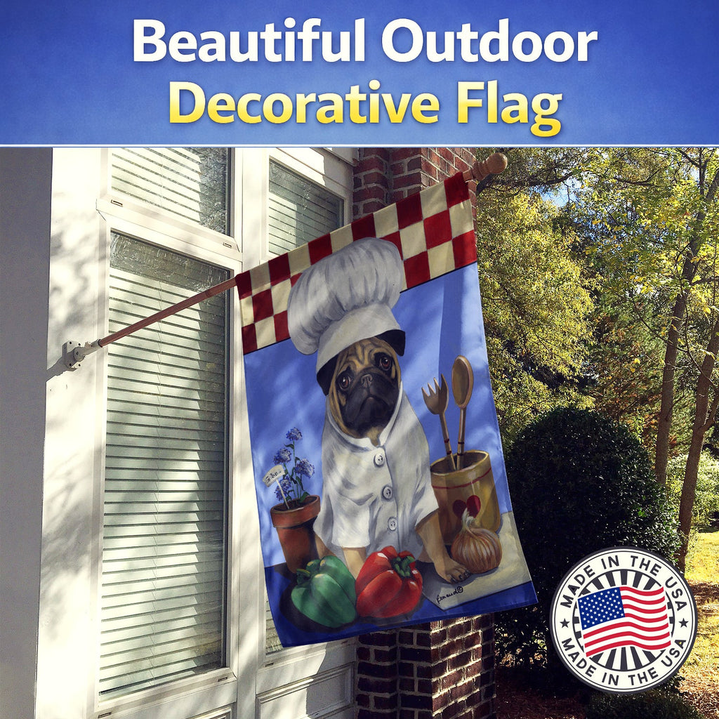 Pug Veggie Chef House Flag 28x40 Porch Sleeve Pole Decorative Outside Yard Banner Artwork Wall Hanging, Polyester