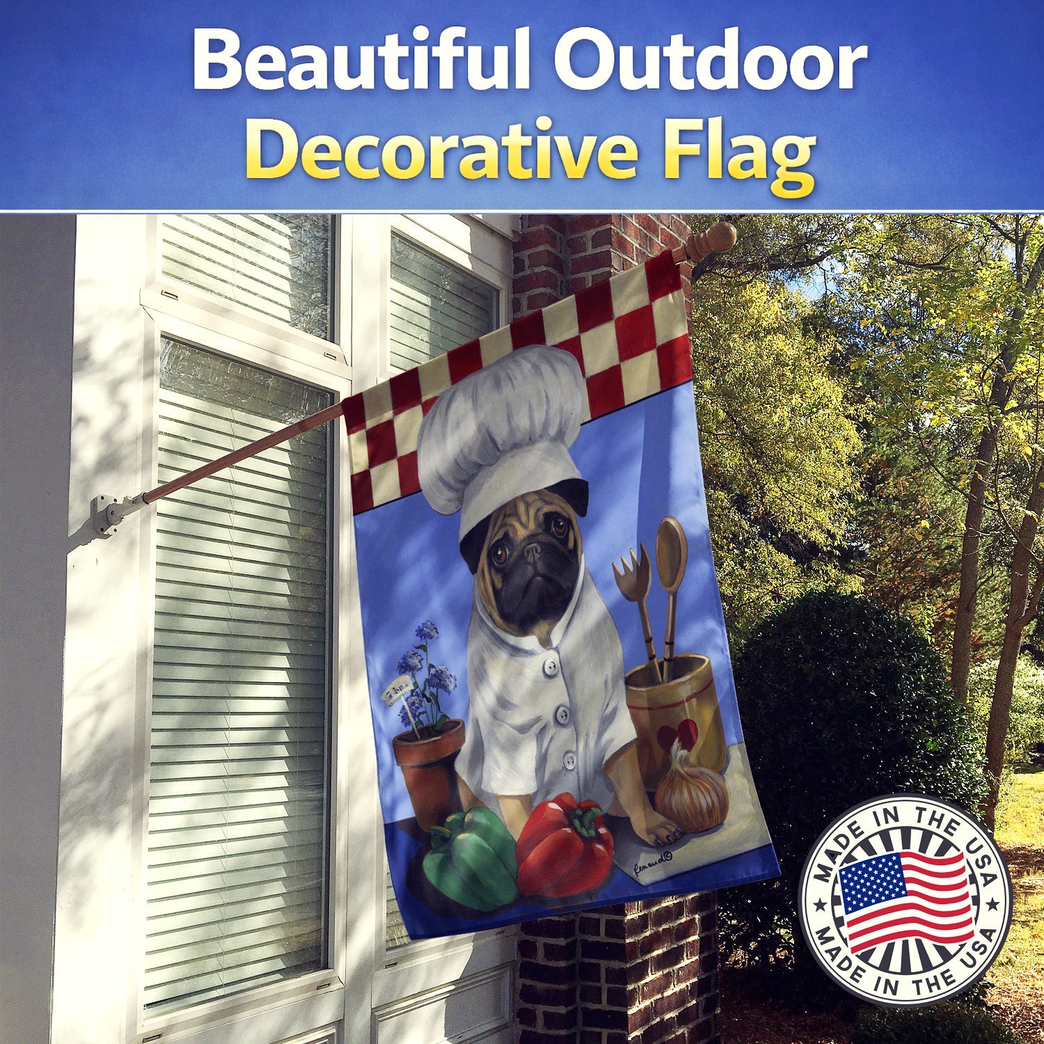 Pug Veggie Chef House Flag 28x40 Porch Sleeve Pole Decorative Outside Yard Banner Artwork Wall Hanging, Polyester