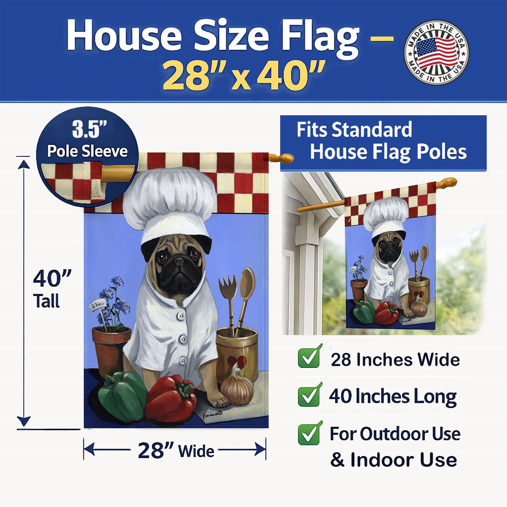 Pug Veggie Chef House Flag 28x40 Porch Sleeve Pole Decorative Outside Yard Banner Artwork Wall Hanging, Polyester