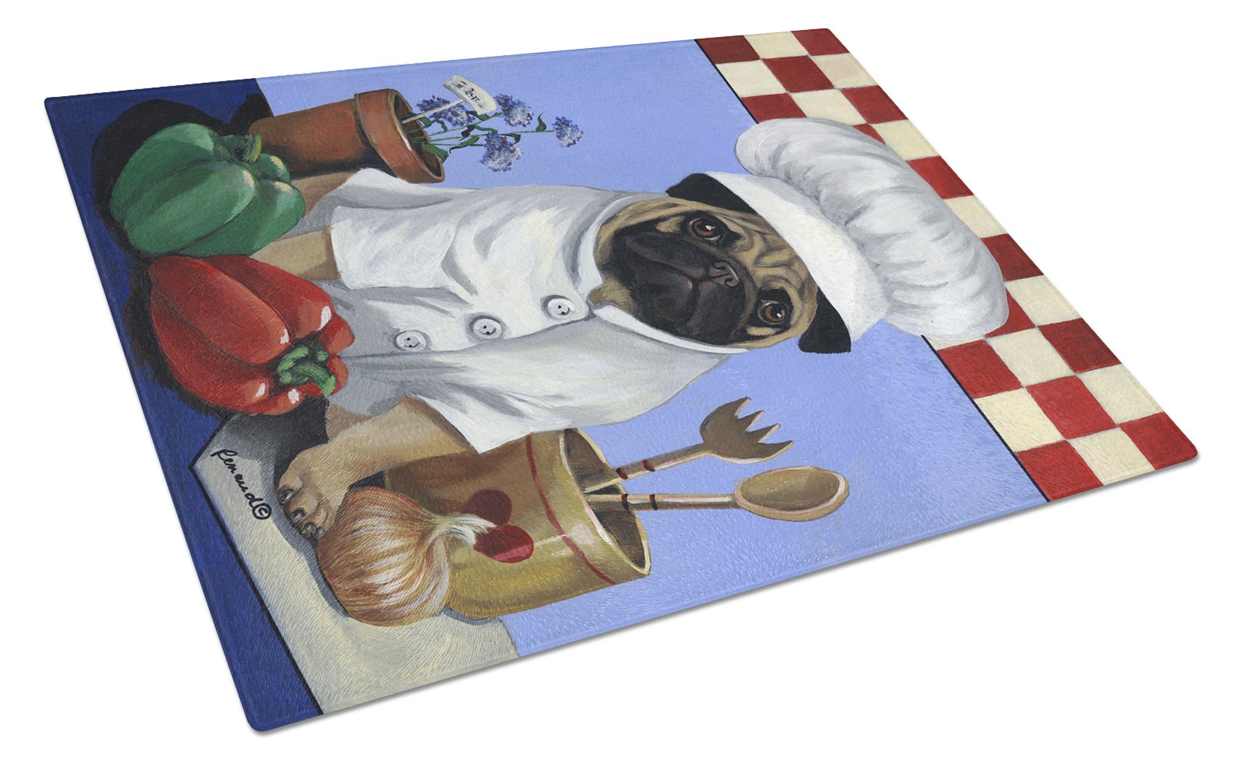 Pug Veggie Chef Cutting Board Tempered Glass Kitchen Cutting Surface, Heat Resistant Chopping, Non-Slip Feet, Food Prep & Serving