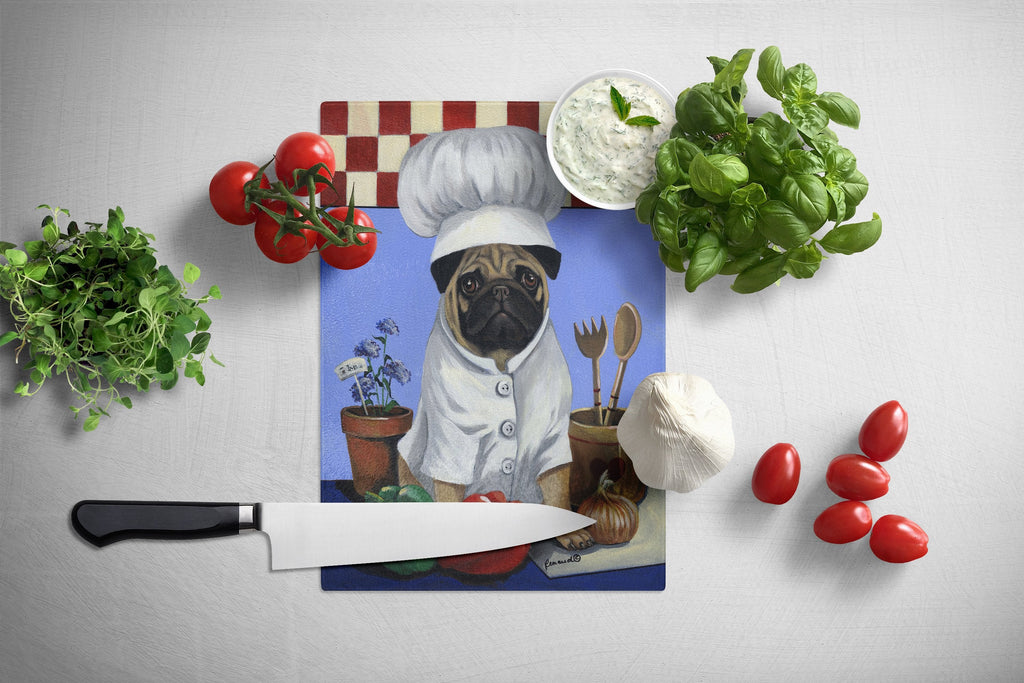 Pug Veggie Chef Cutting Board Tempered Glass Kitchen Cutting Surface, Heat Resistant Chopping, Non-Slip Feet, Food Prep & Serving