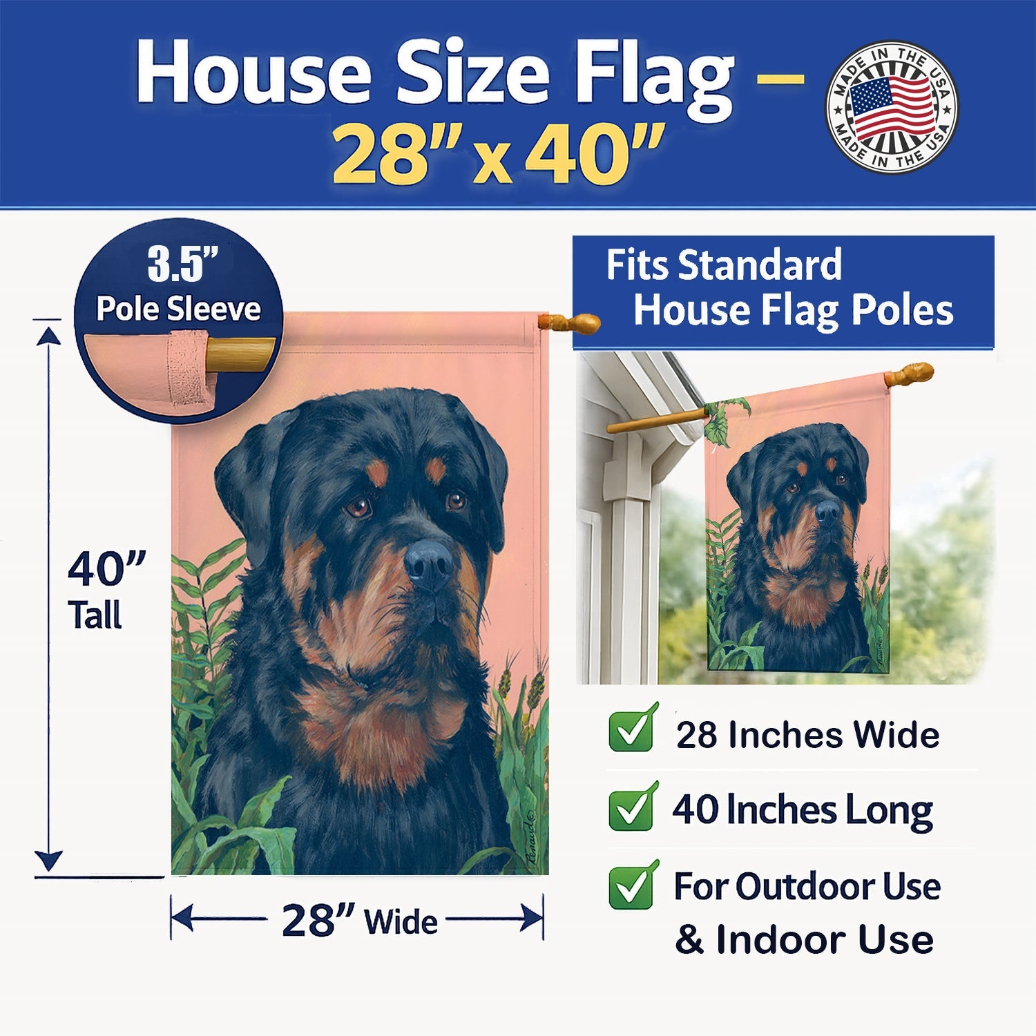 Rottweiler House Flag 28x40 Porch Sleeve Pole Decorative Outside Yard Banner Artwork Wall Hanging, Polyester