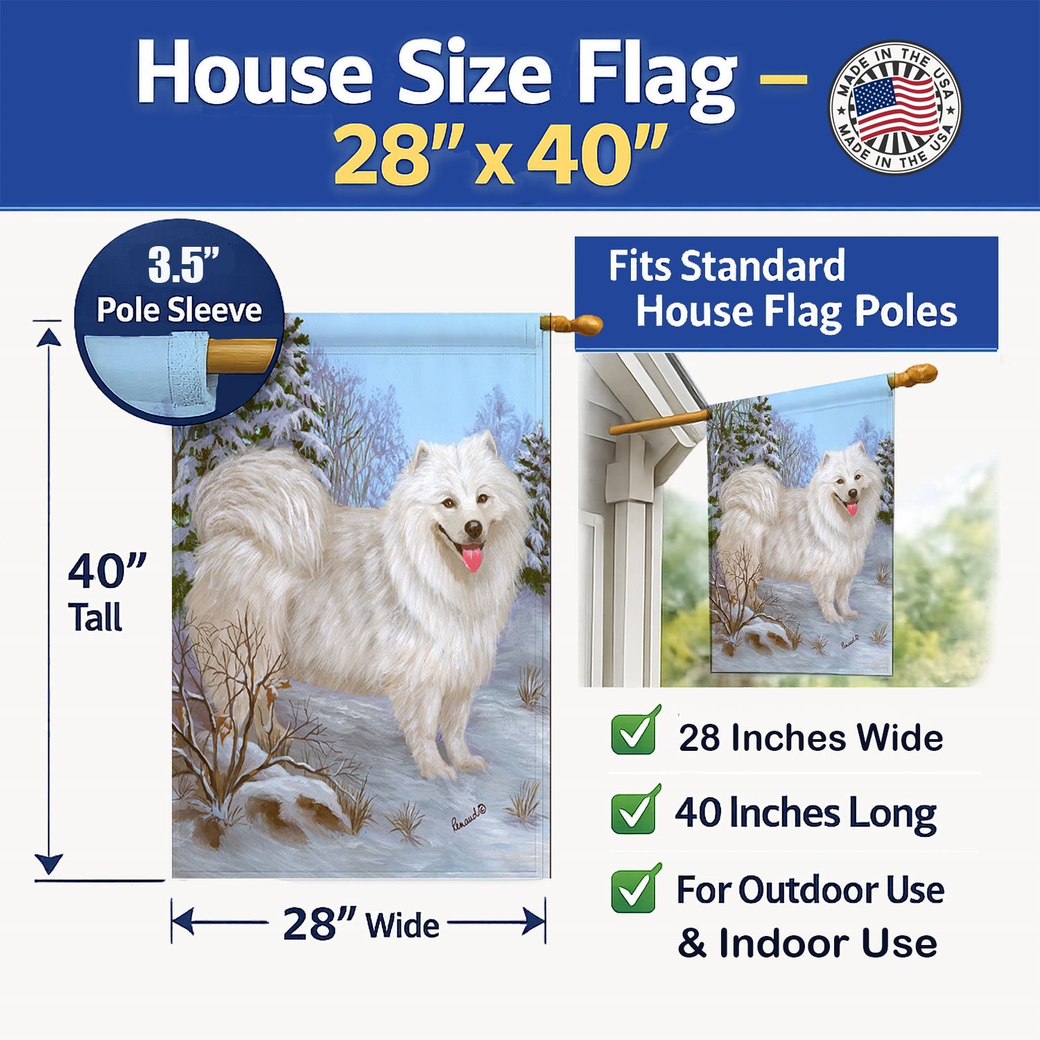 Samoyed Happiness House Flag 28x40 Porch Sleeve Pole Decorative Outside Yard Banner Artwork Wall Hanging, Polyester