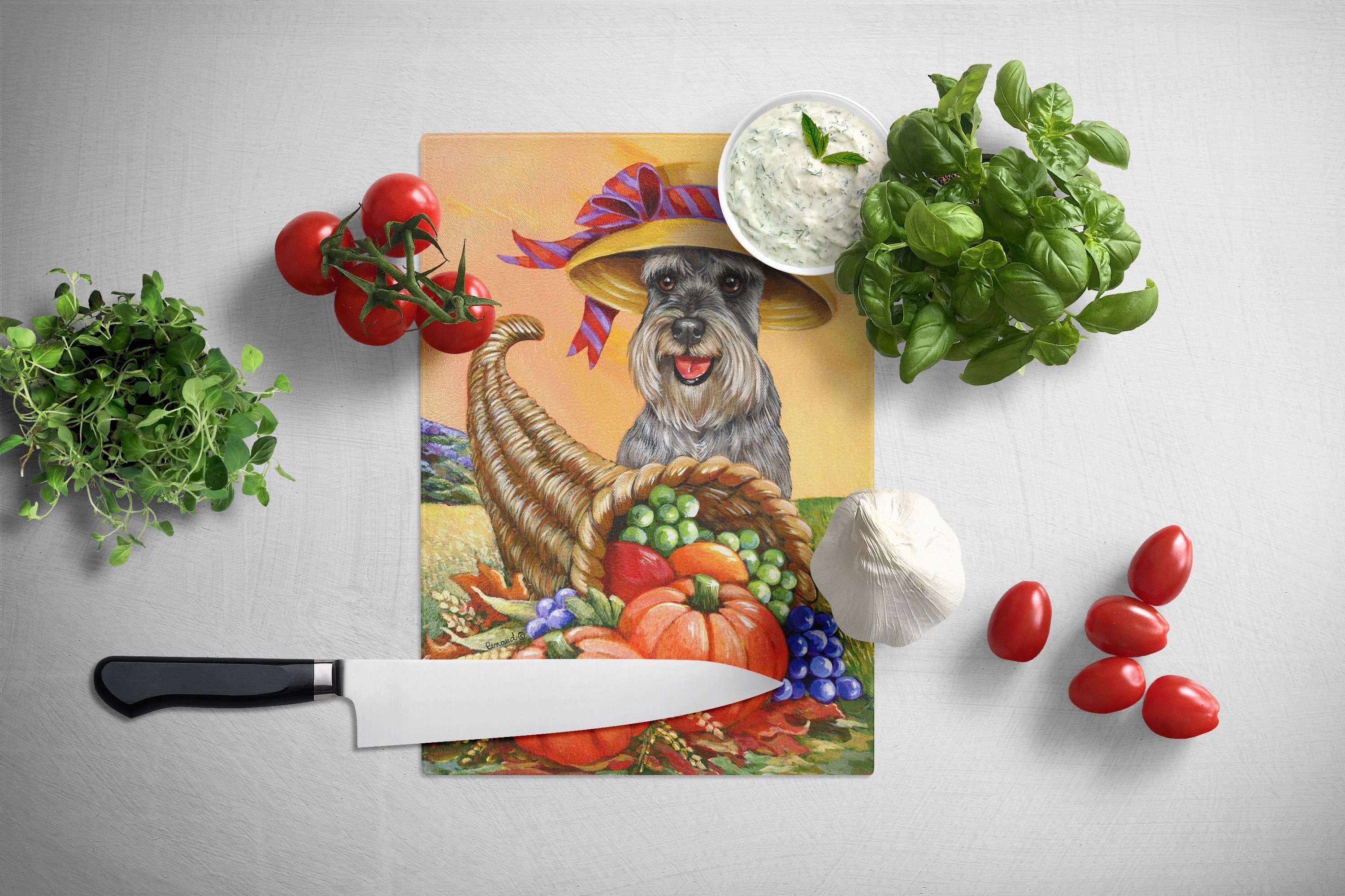 Schnauzer Autumn Cutting Board Tempered Glass Kitchen Cutting Surface, Heat Resistant Chopping, Non-Slip Feet, Food Prep & Serving