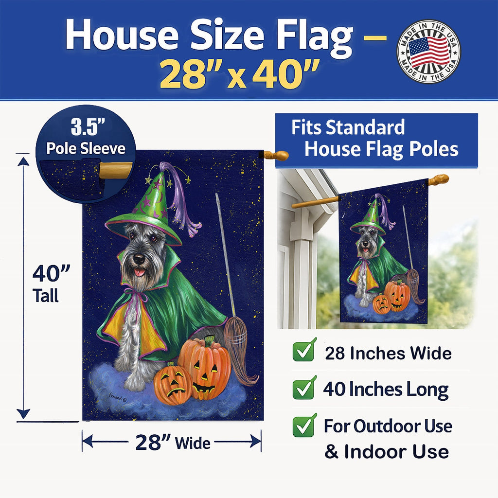 Schnauzer Halloween Good Witch House Flag 28x40 Porch Sleeve Pole Decorative Outside Yard Banner Artwork Wall Hanging, Polyester