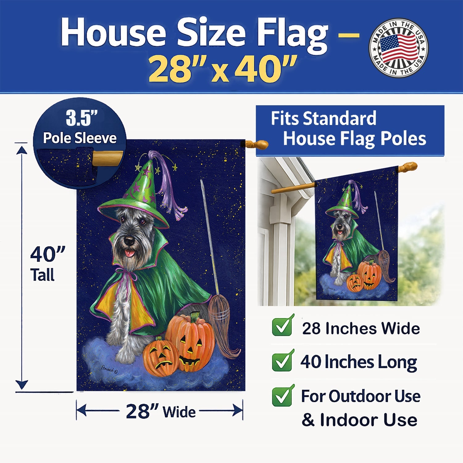Schnauzer Halloween Good Witch House Flag 28x40 Porch Sleeve Pole Decorative Outside Yard Banner Artwork Wall Hanging, Polyester