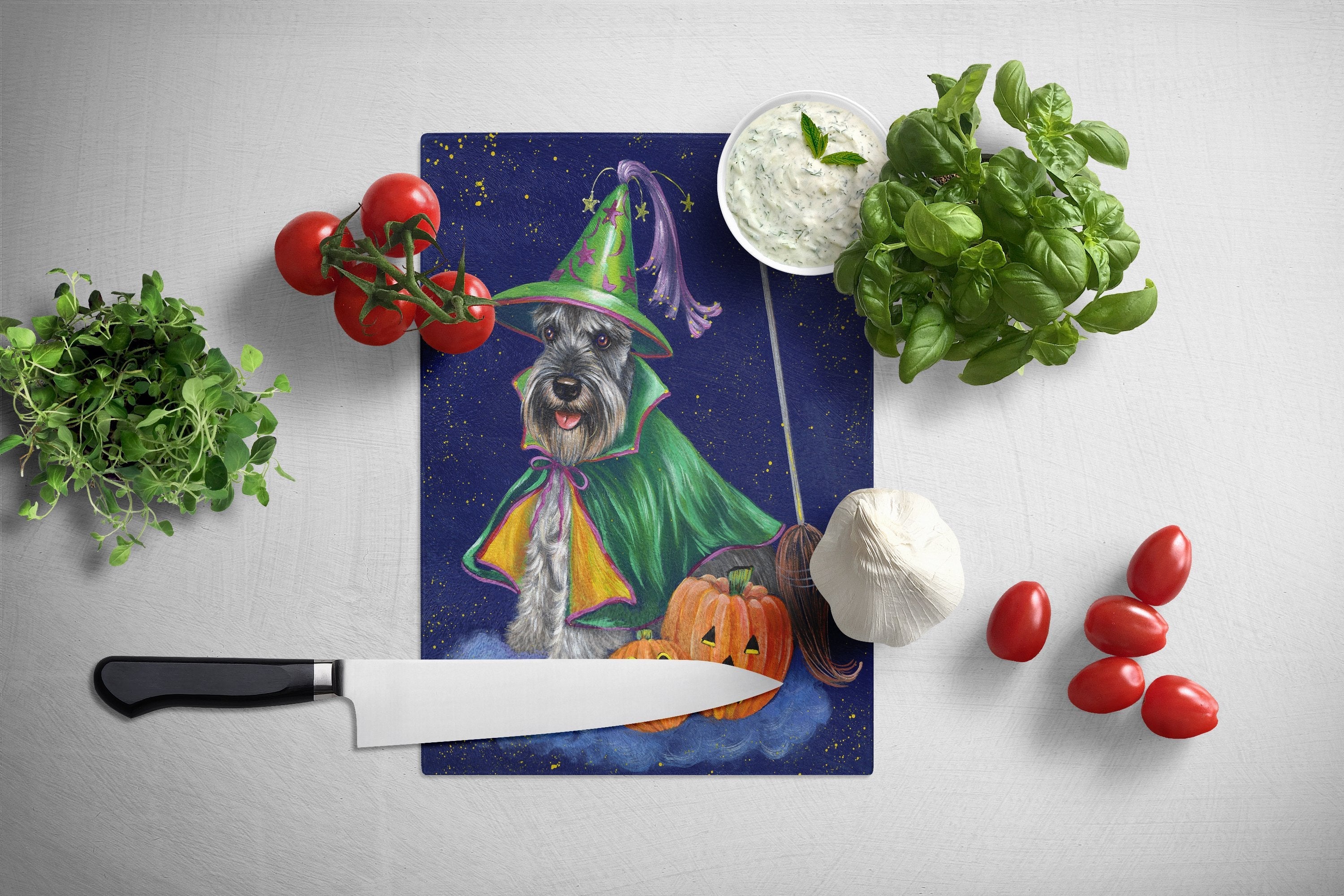 Schnauzer Halloween Good Witch Cutting Board Tempered Glass Kitchen Cutting Surface, Heat Resistant Chopping, Non-Slip Feet, Food Prep & Serving