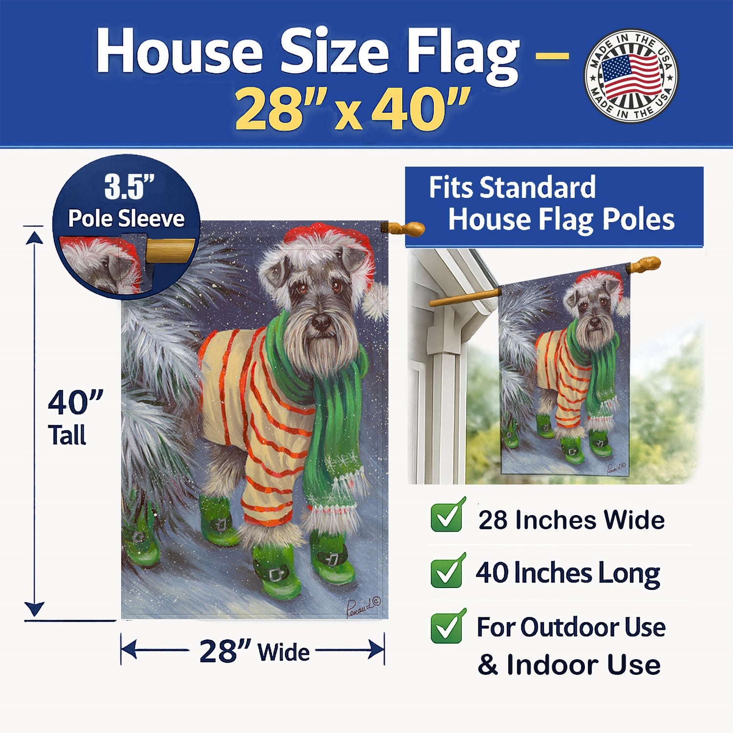 Schnauzer Christmas Green Boots House Flag 28x40 Porch Sleeve Pole Decorative Outside Yard Banner Artwork Wall Hanging, Polyester