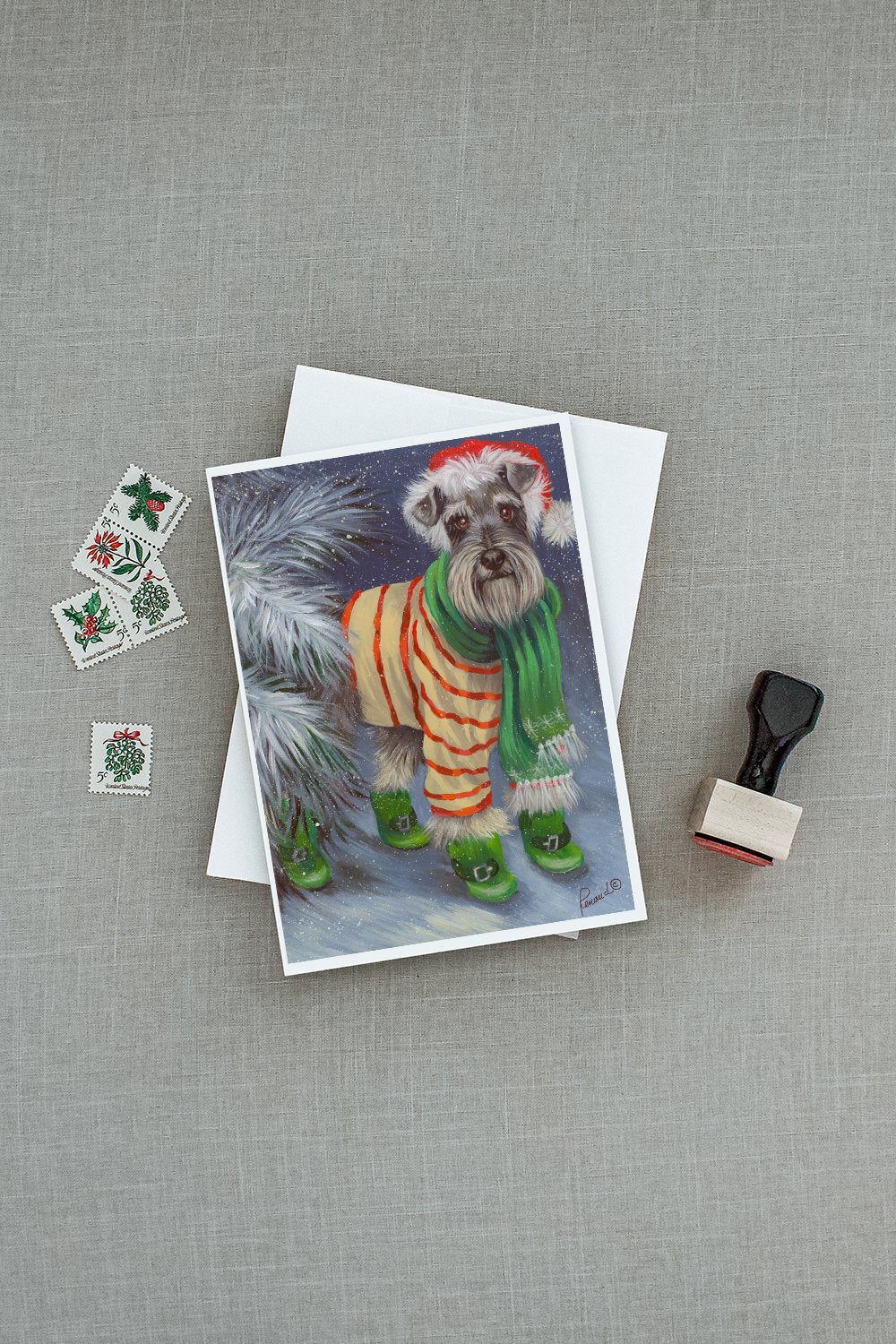 Schnauzer Christmas Green Boots Greeting Cards Pack of 8 Blank Cards with Envelopes Whimsical A7 Size 5x7