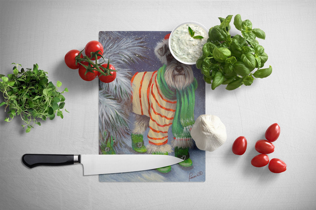 Schnauzer Christmas Green Boots Cutting Board Tempered Glass Kitchen Cutting Surface, Heat Resistant Chopping, Non-Slip Feet, Food Prep & Serving