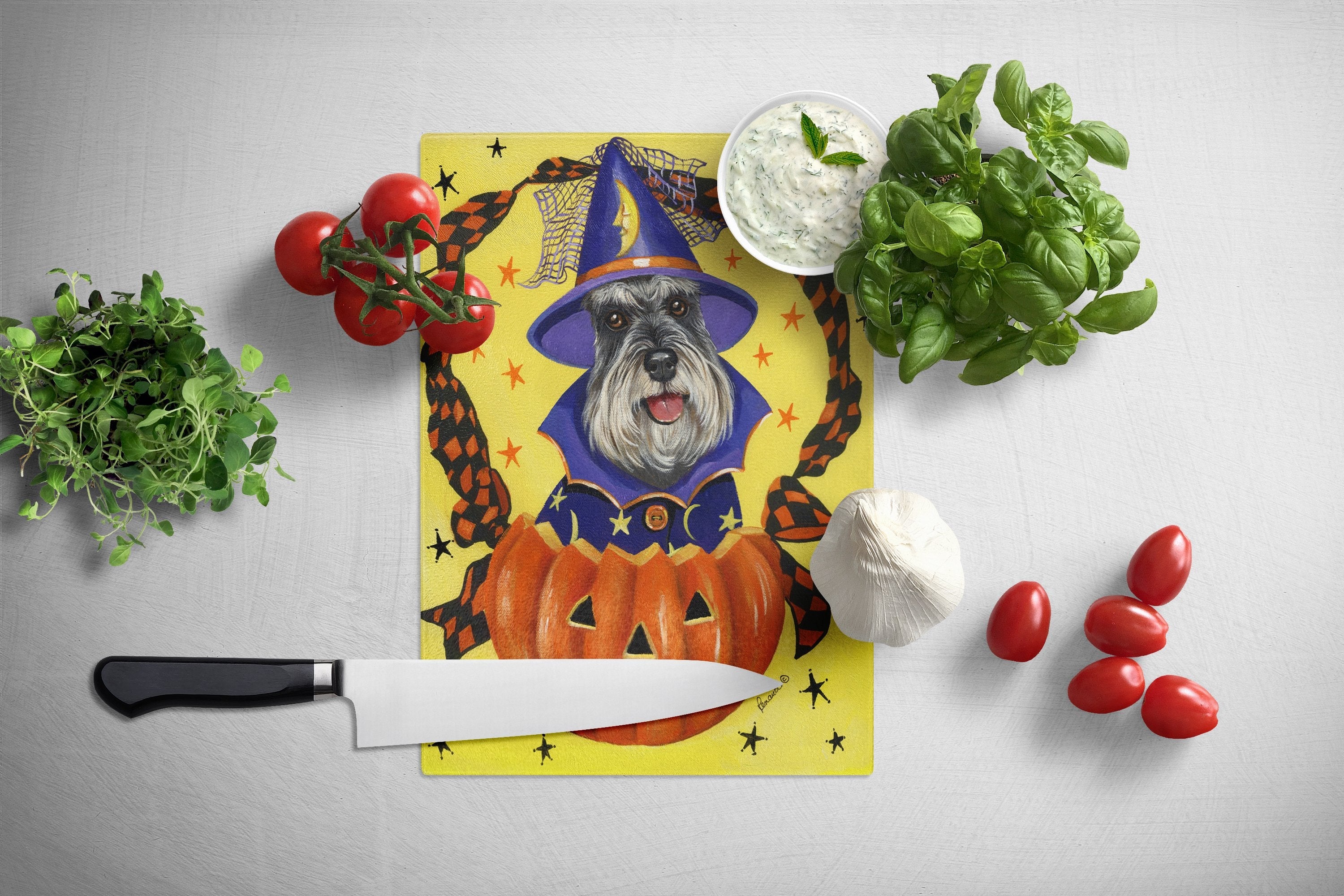 Schnauzer Halloween Cutting Board Tempered Glass Kitchen Cutting Surface, Heat Resistant Chopping, Non-Slip Feet, Food Prep & Serving