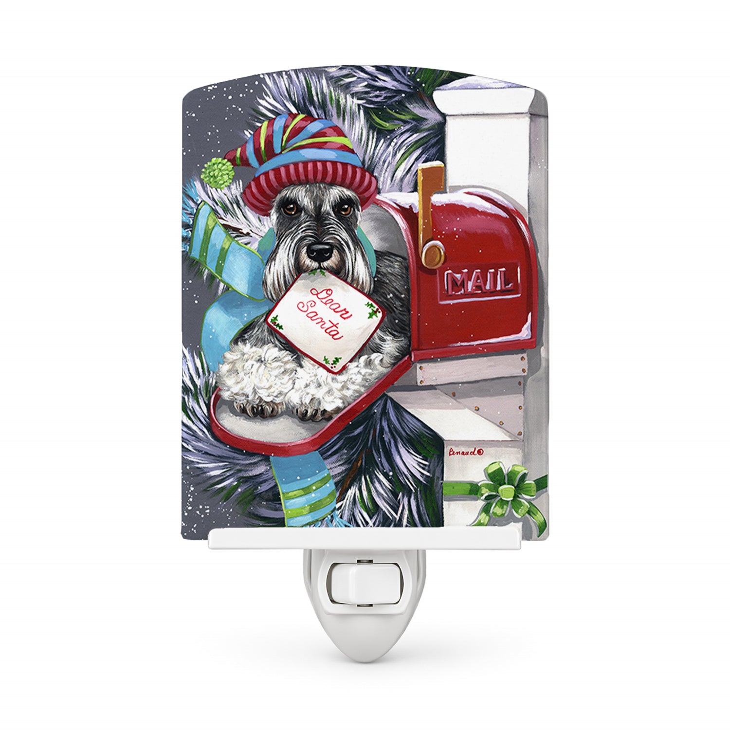 Schnauzer Christmas Letter to Santa Ceramic Night Light Compact, UL-Certified, Ideal for Bedroom, Bathroom, Nursery, Hallway, Kitchen, 6x4x3, Multicolor