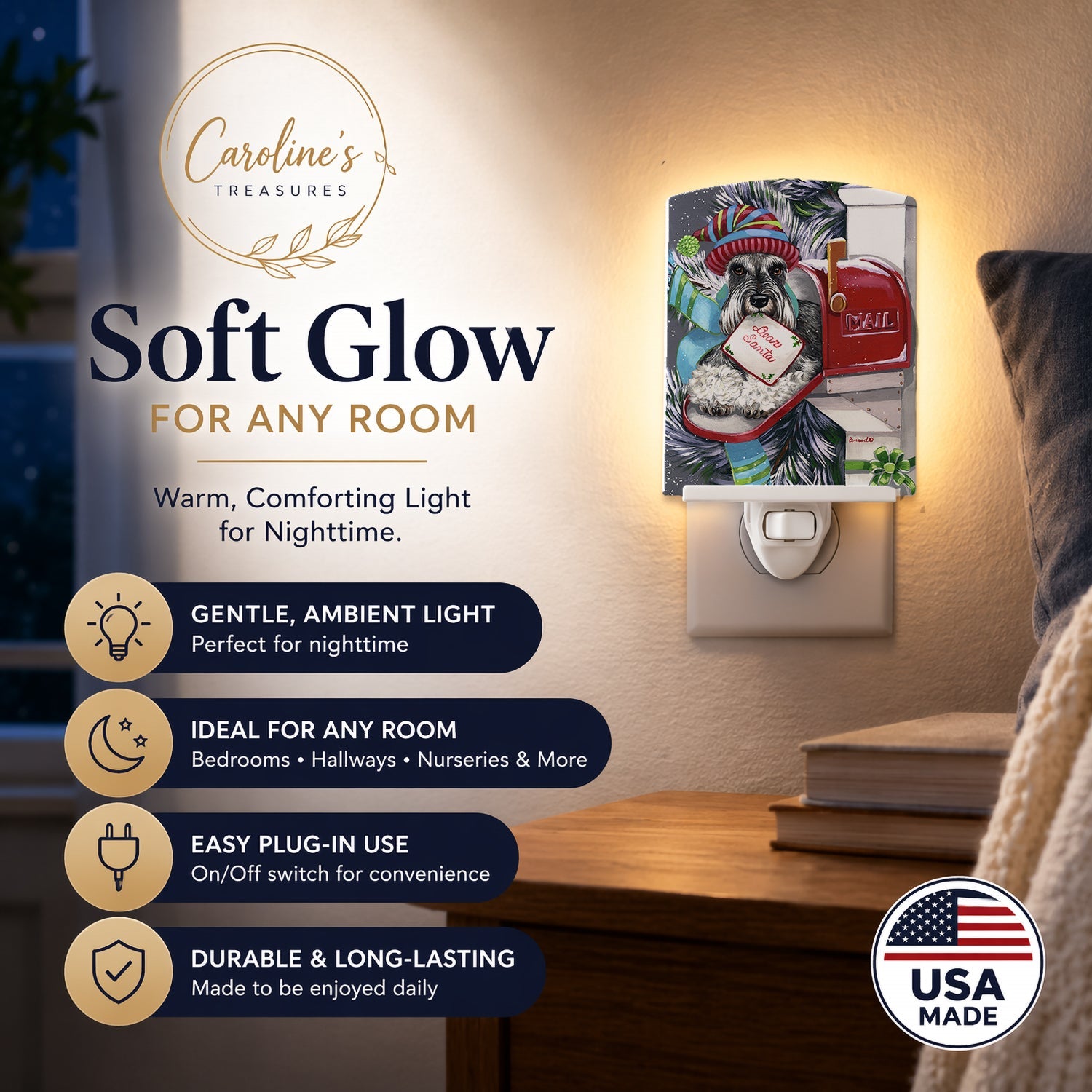 Schnauzer Christmas Letter to Santa Ceramic Night Light Compact, UL-Certified, Ideal for Bedroom, Bathroom, Nursery, Hallway, Kitchen, 6x4x3, Multicolor