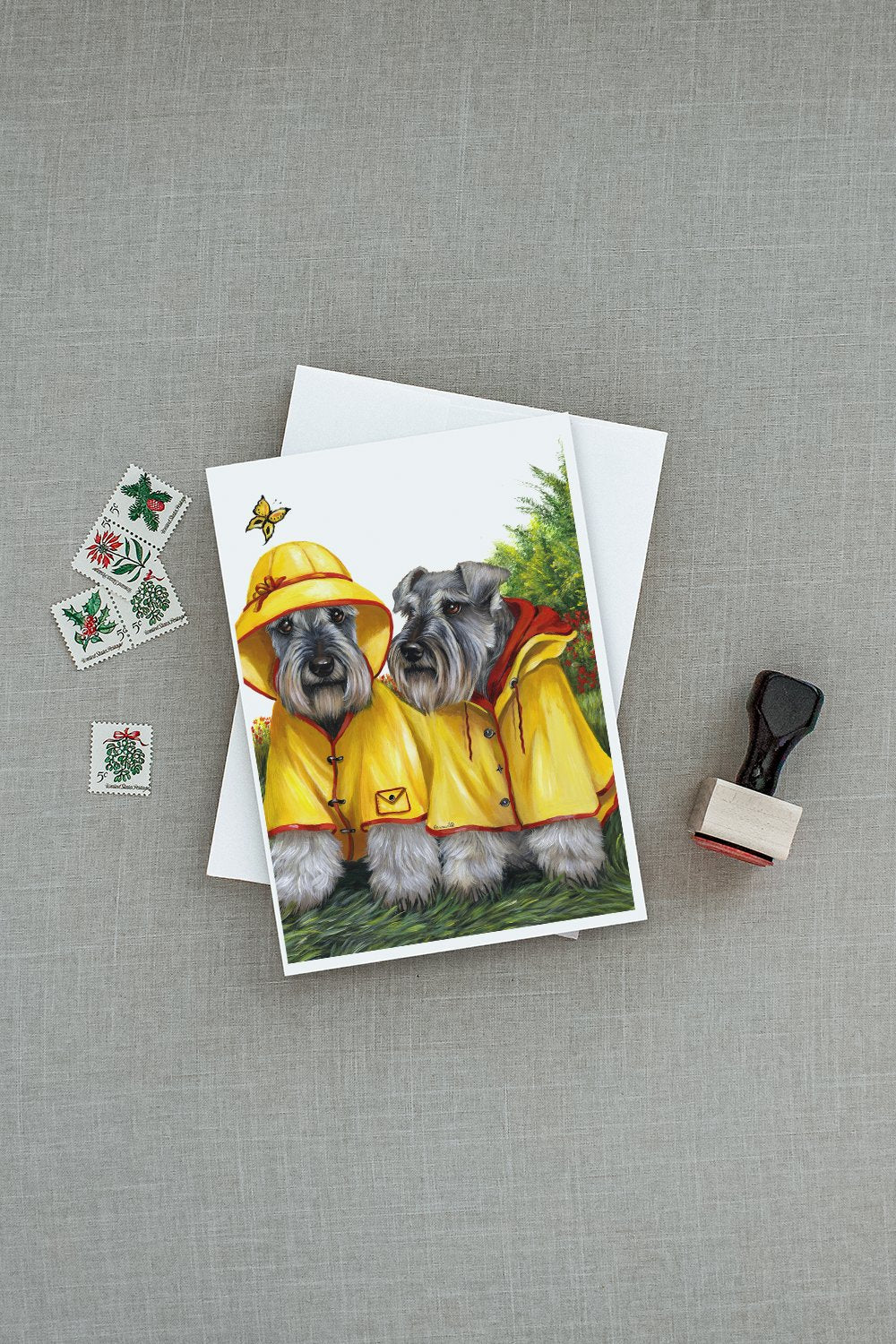 Schnauzer Rain Gear Greeting Cards Pack of 8 Blank Cards with Envelopes Whimsical A7 Size 5x7