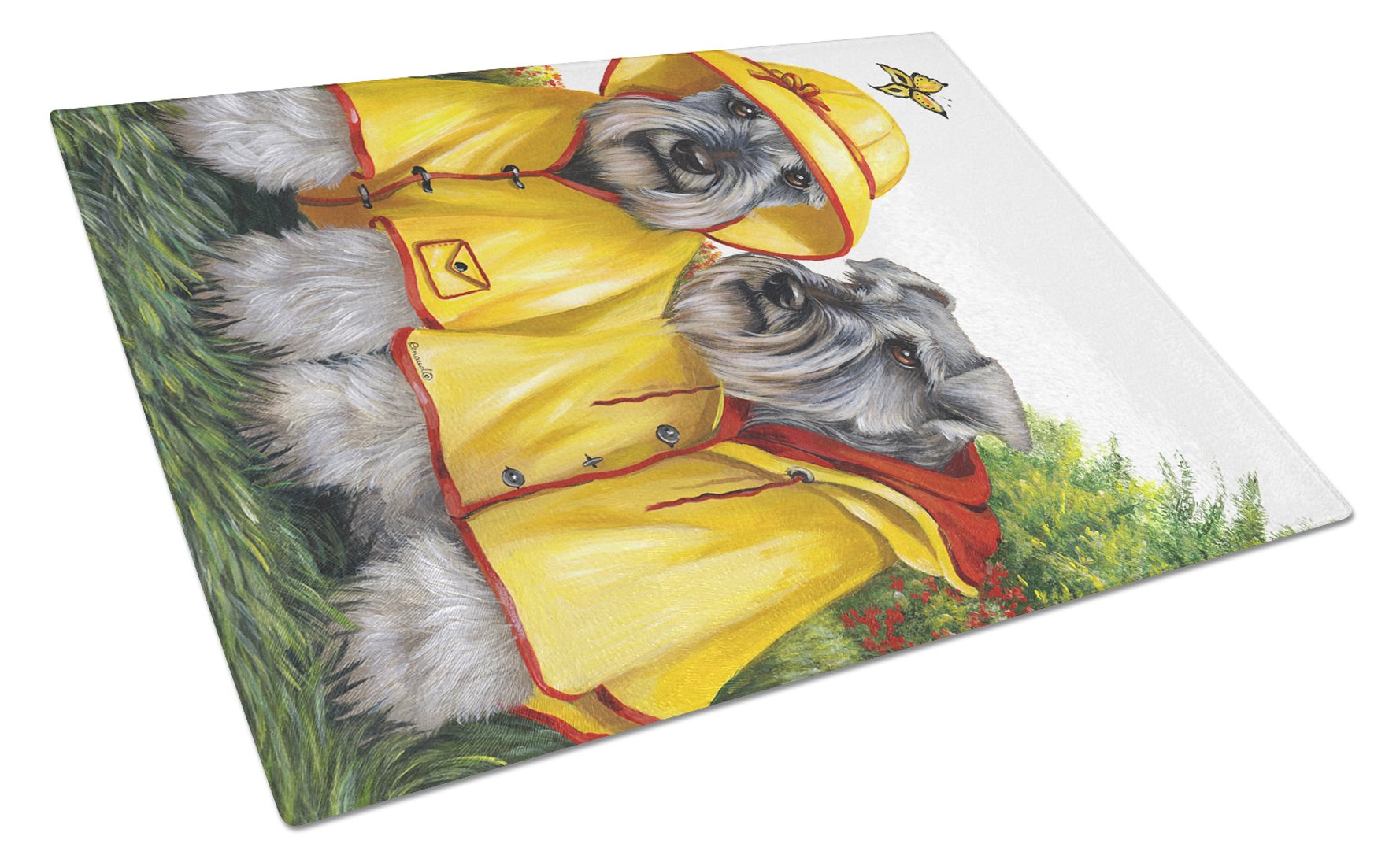 Schnauzer Rain Gear Cutting Board Tempered Glass Kitchen Cutting Surface, Heat Resistant Chopping, Non-Slip Feet, Food Prep & Serving