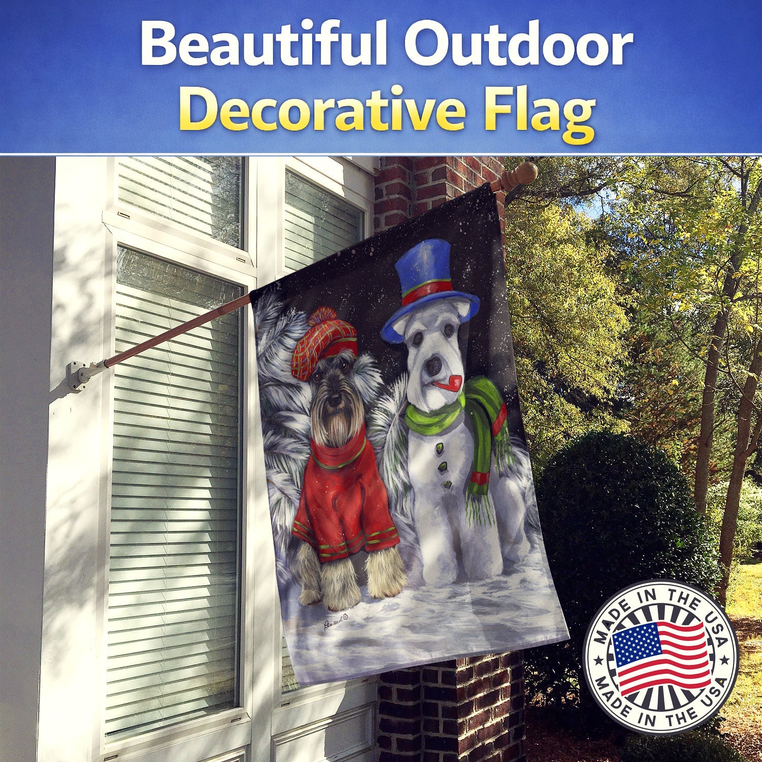 Schnauzer Christmas Snow Dog House Flag 28x40 Porch Sleeve Pole Decorative Outside Yard Banner Artwork Wall Hanging, Polyester