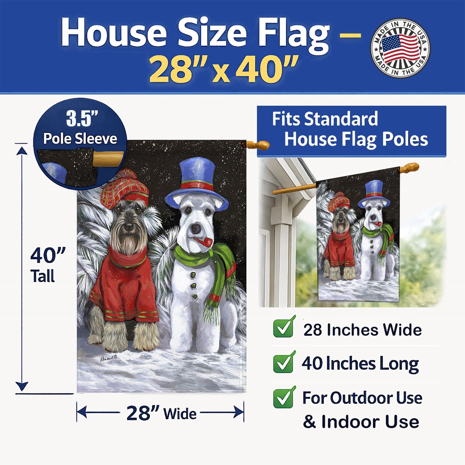 Schnauzer Christmas Snow Dog House Flag 28x40 Porch Sleeve Pole Decorative Outside Yard Banner Artwork Wall Hanging, Polyester