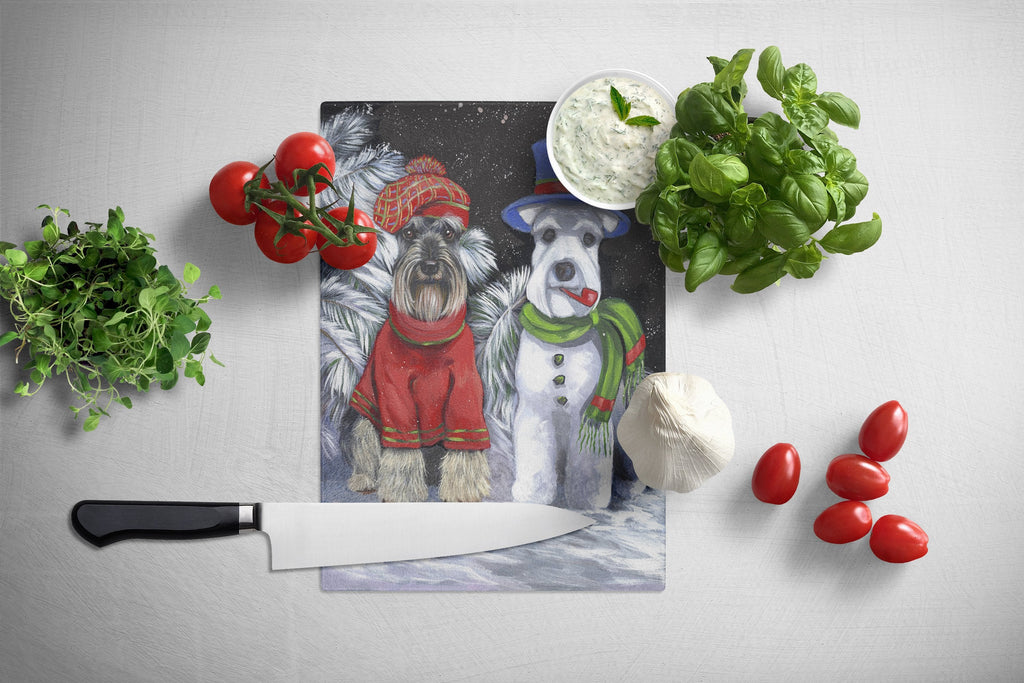 Schnauzer Christmas Snow Dog Cutting Board Tempered Glass Kitchen Cutting Surface, Heat Resistant Chopping, Non-Slip Feet, Food Prep & Serving